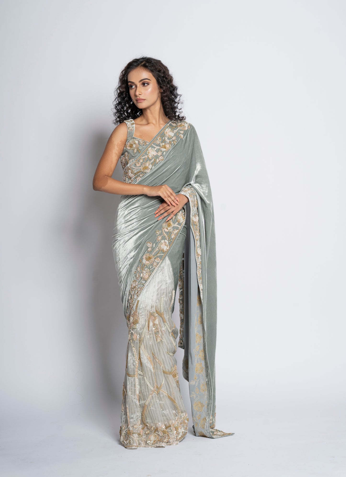 A stunning velvet and sheer saree(7806)