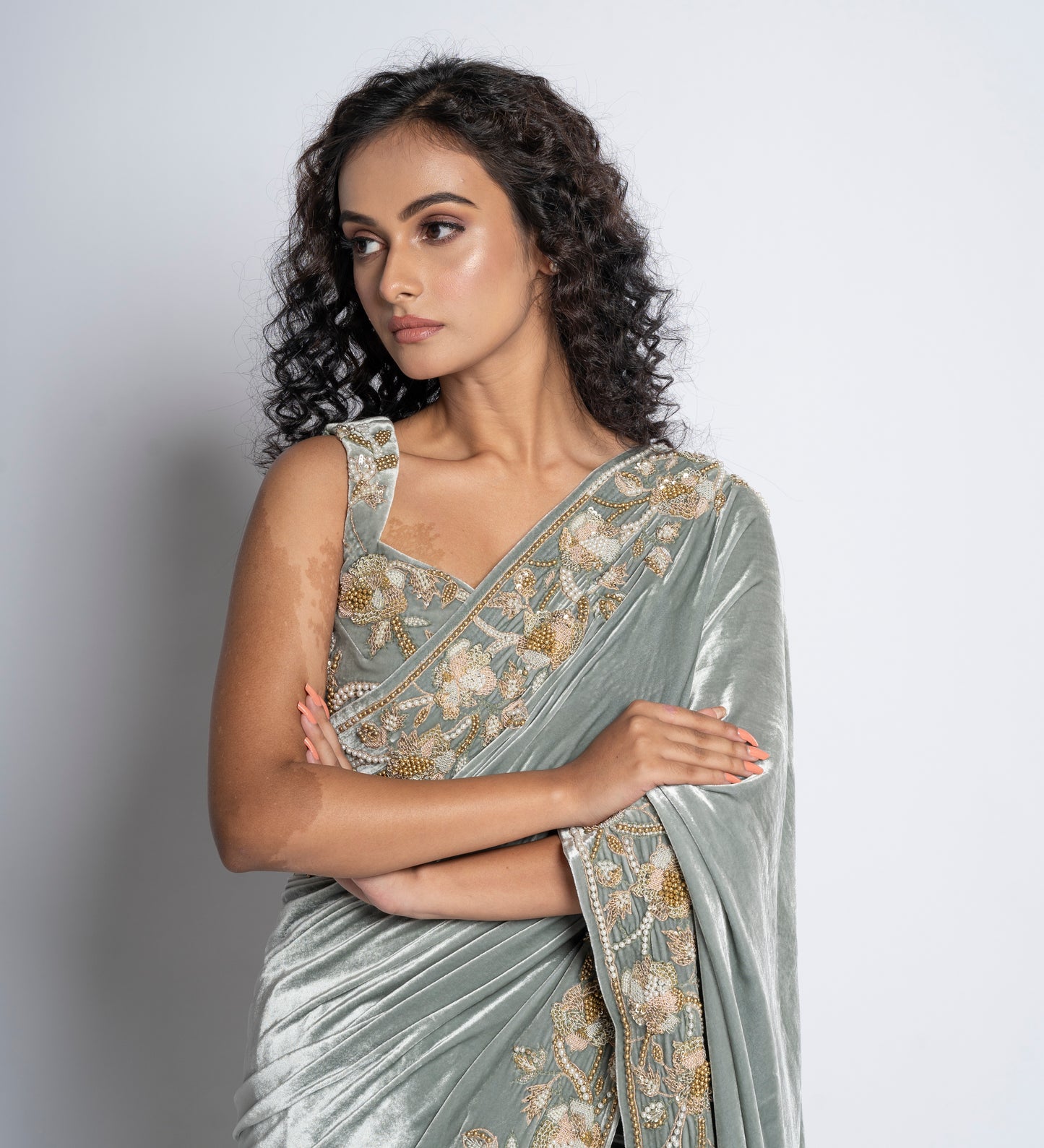 A stunning velvet and sheer saree(7806)