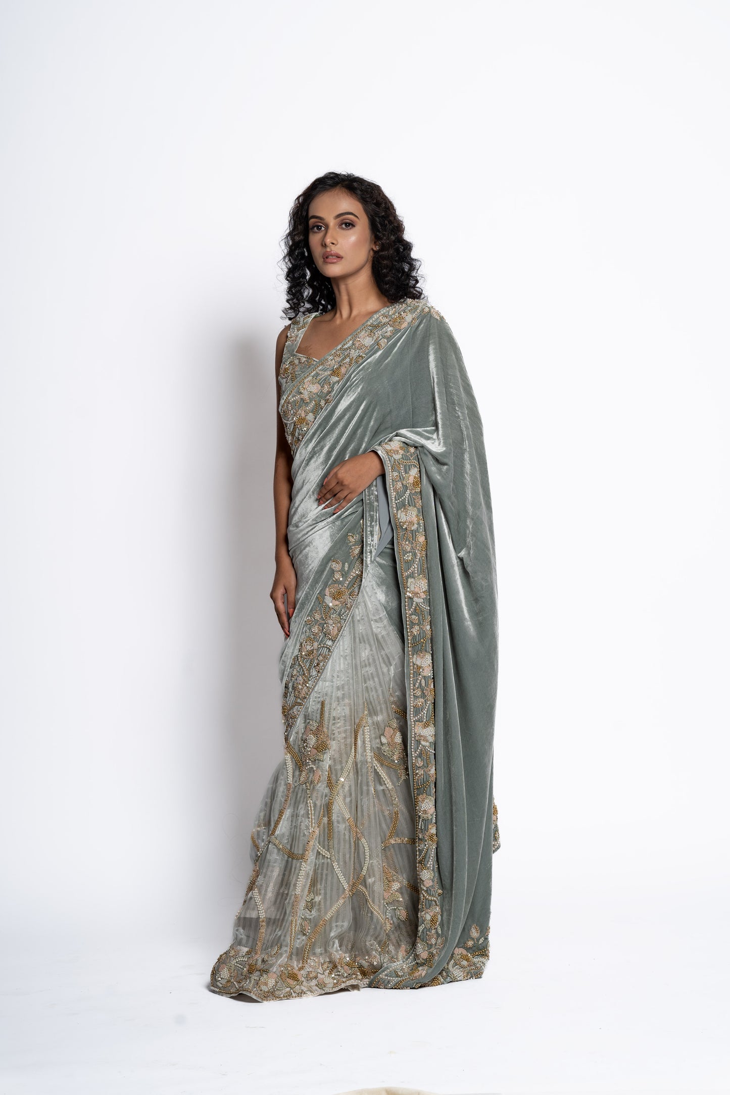 A stunning velvet and sheer saree(7806)