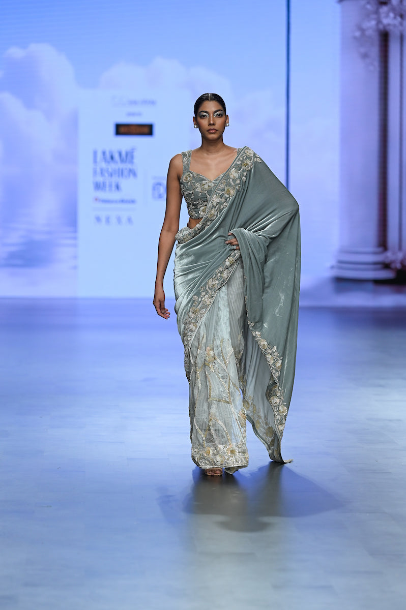 A stunning velvet and sheer saree(7806)