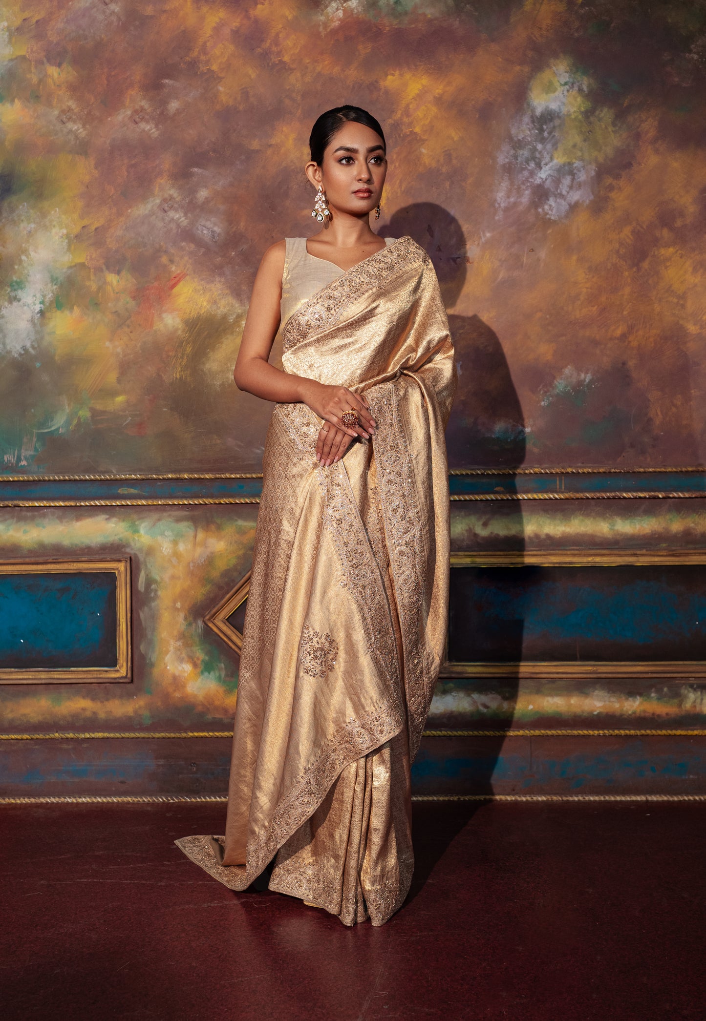 Hand Embroidered Golden Kanjivaram