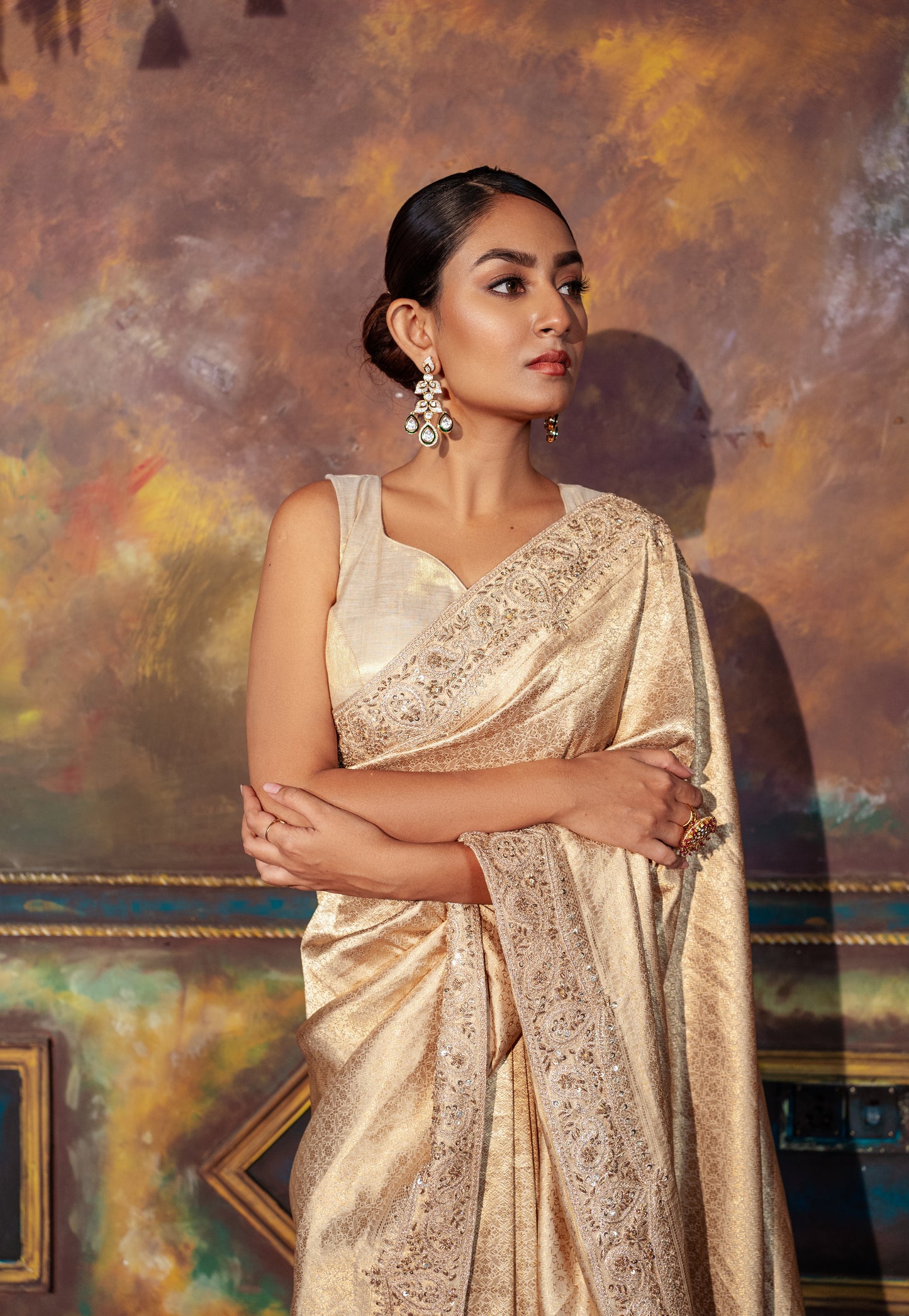 Hand Embroidered Golden Kanjivaram
