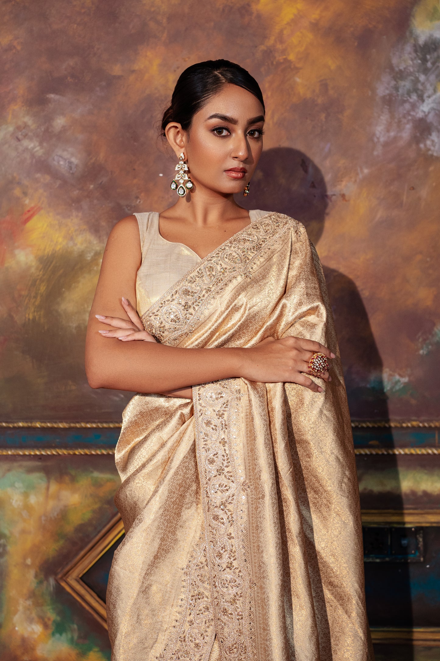 Hand Embroidered Golden Kanjivaram