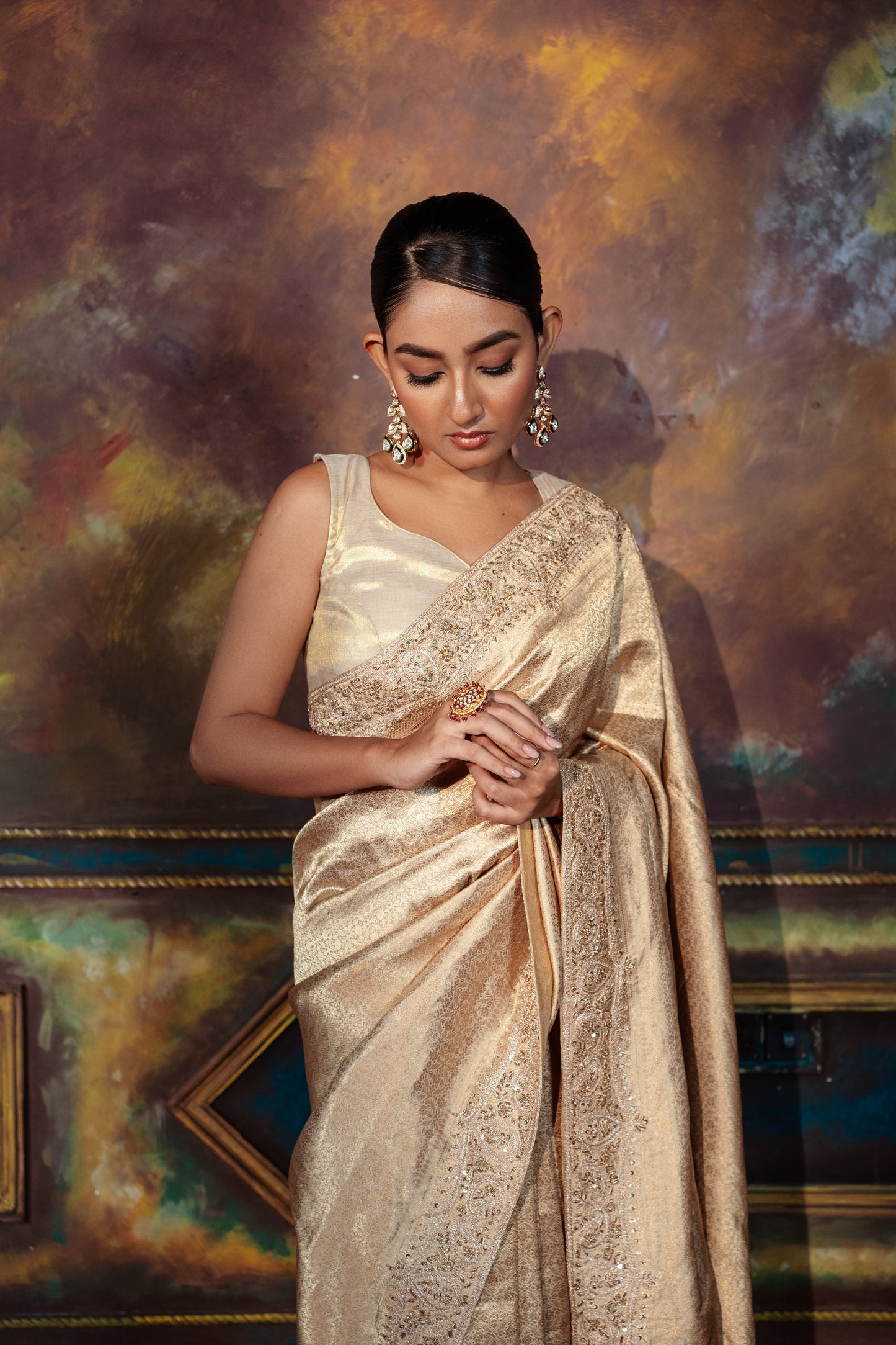 Hand Embroidered Golden Kanjivaram