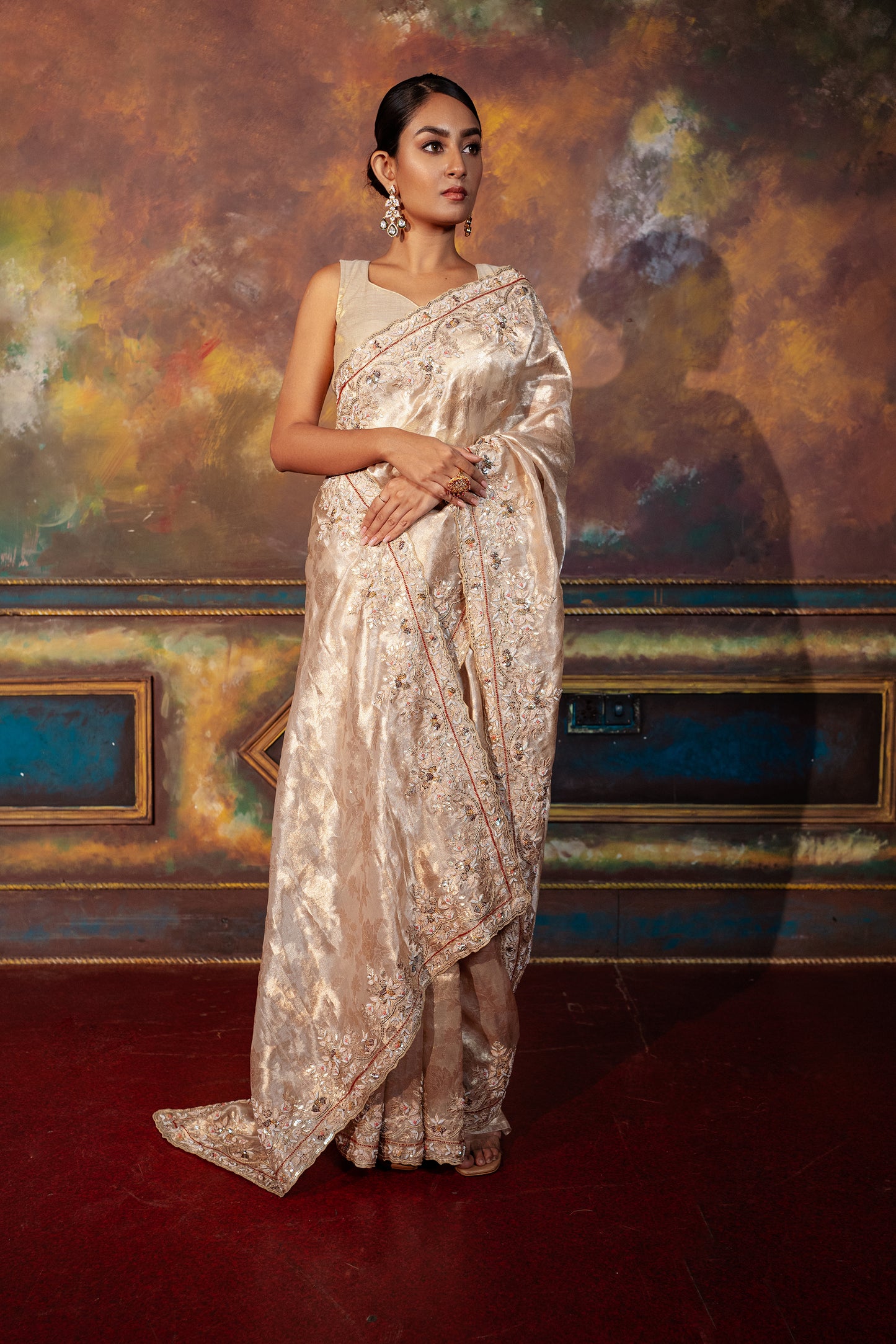 Glossy Beige Hand Embroidered Saree