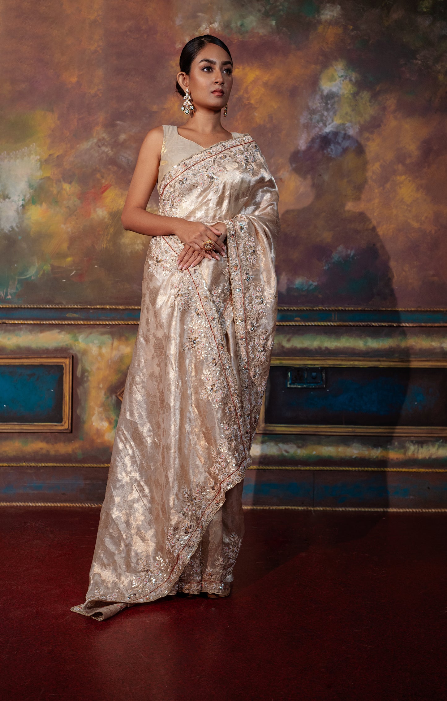 Glossy Beige Hand Embroidered Saree