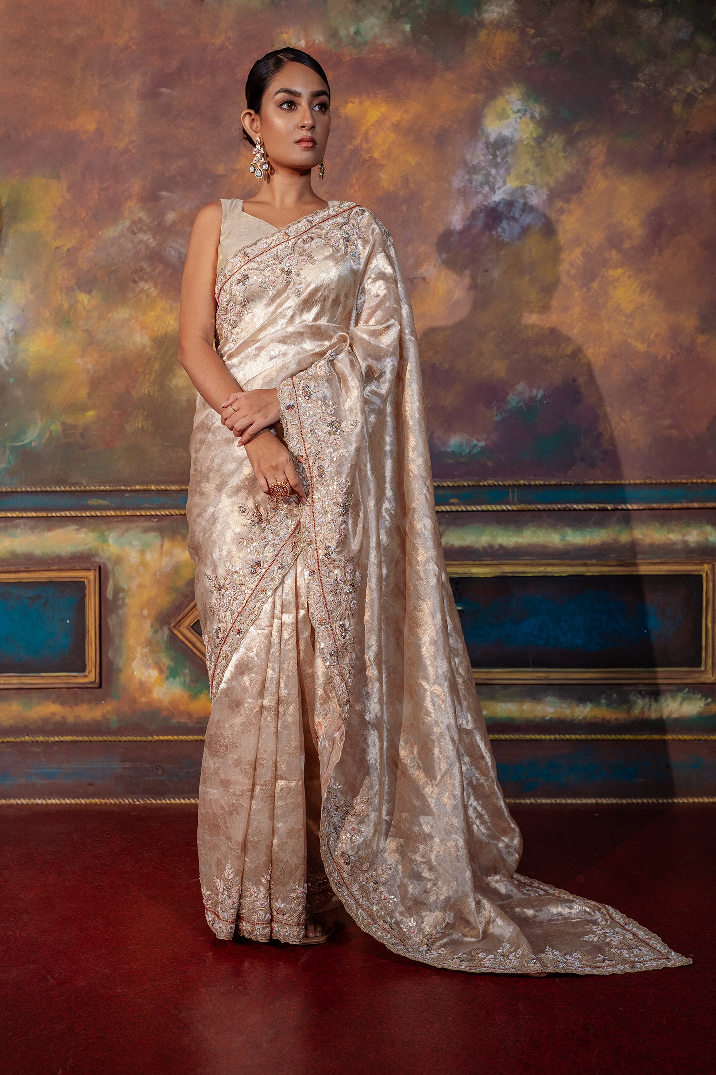 Glossy Beige Hand Embroidered Saree