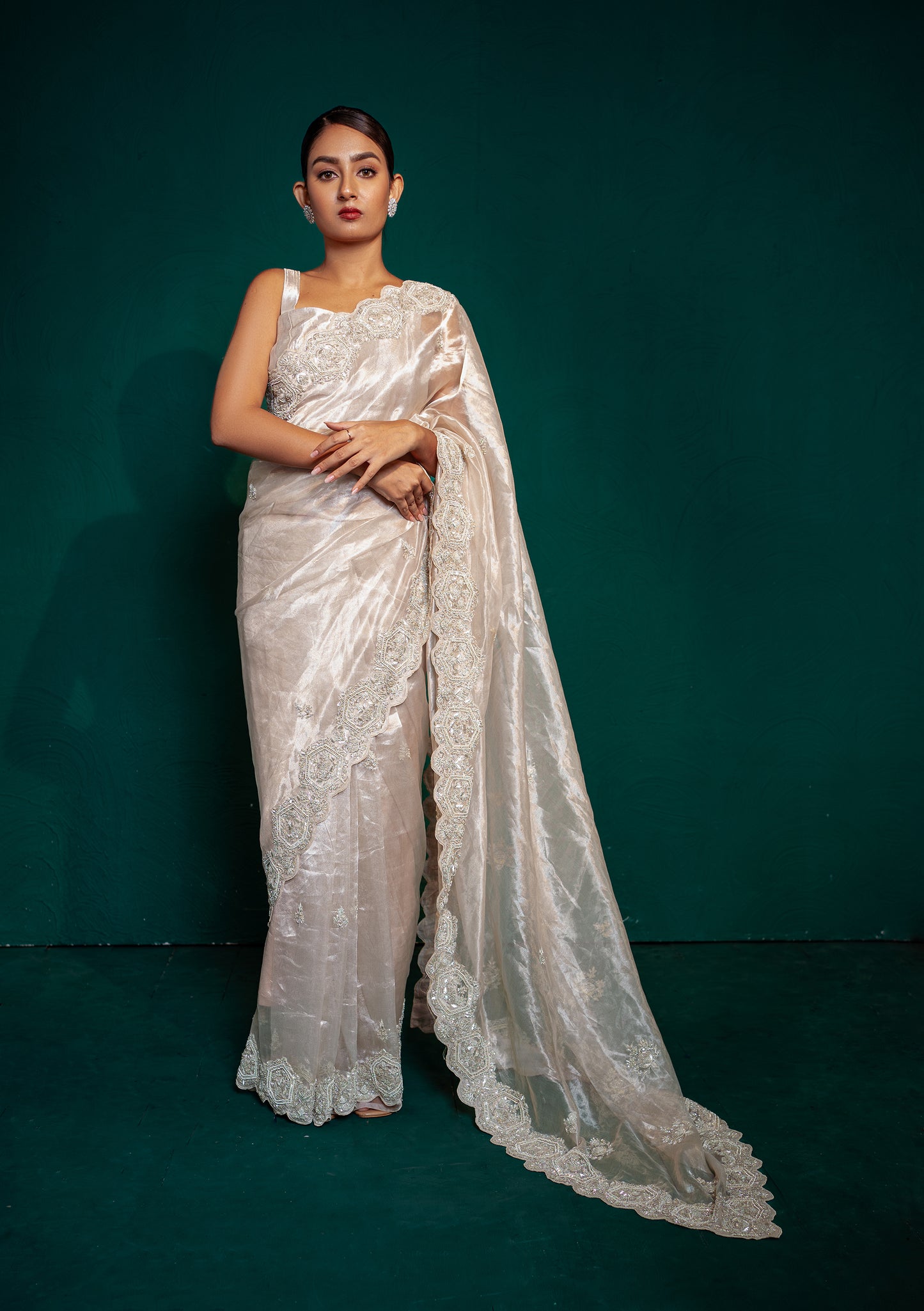Frosty White Tissue Saree With Cut Work