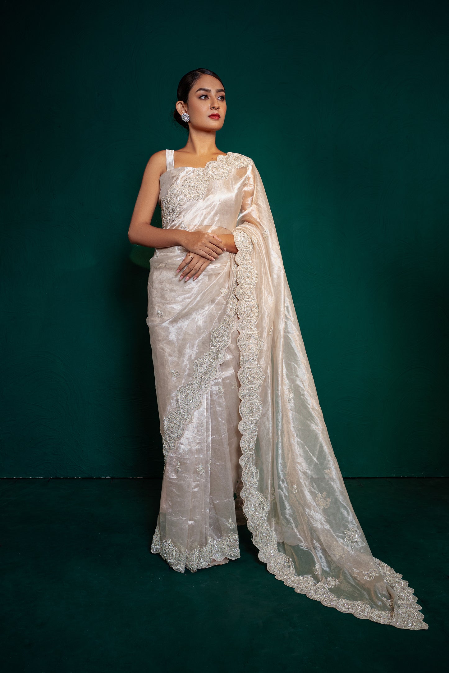Frosty White Tissue Saree With Cut Work