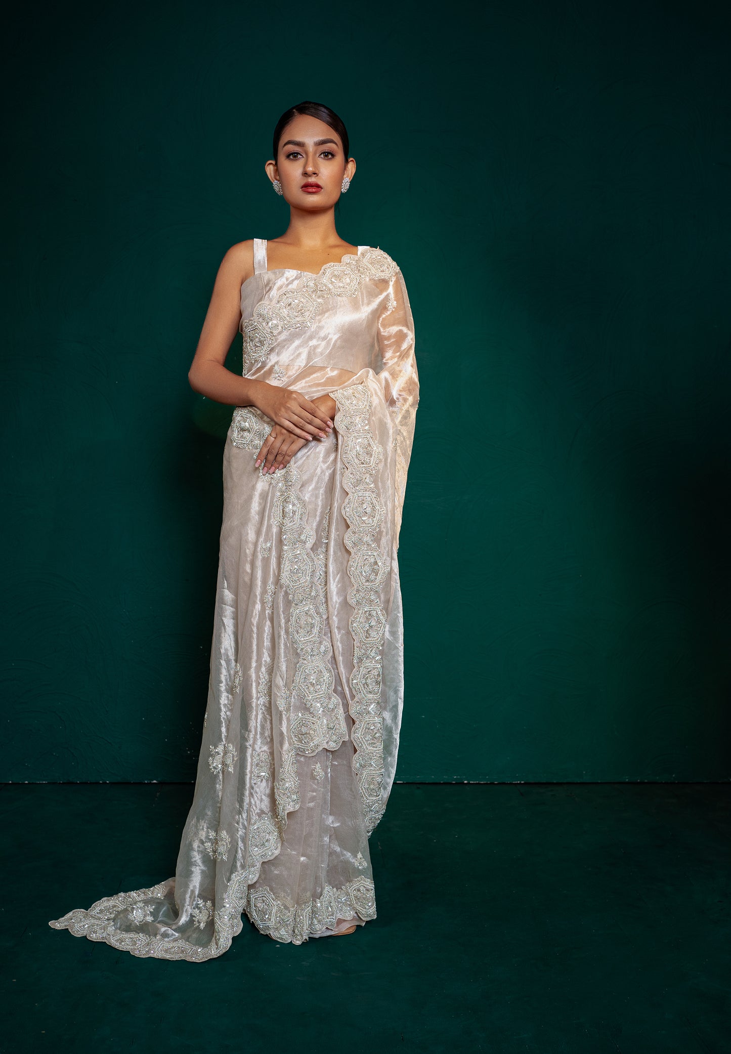 Frosty White Tissue Saree With Cut Work