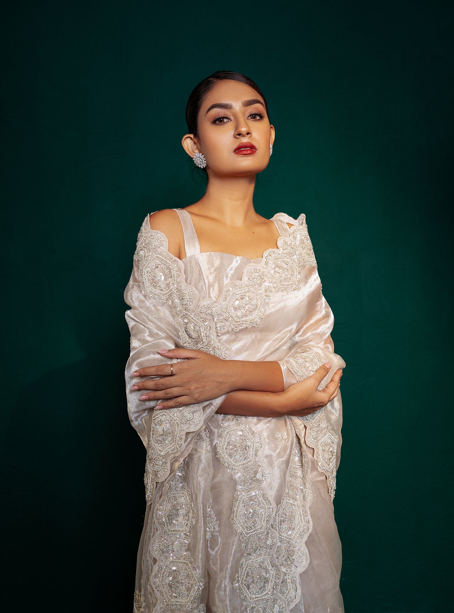Frosty White Tissue Saree With Cut Work