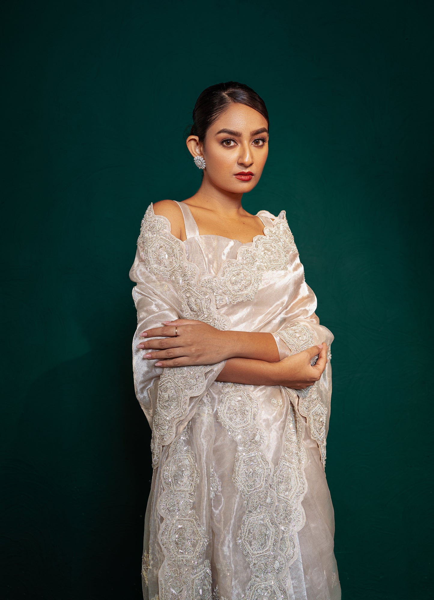 Frosty White Tissue Saree With Cut Work
