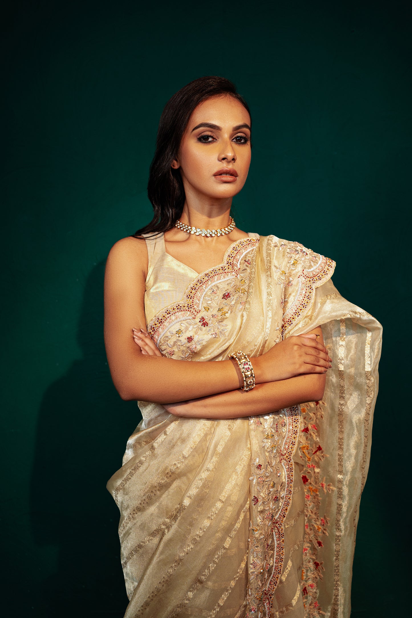 Beige Hand Embroidered Tissue Saree