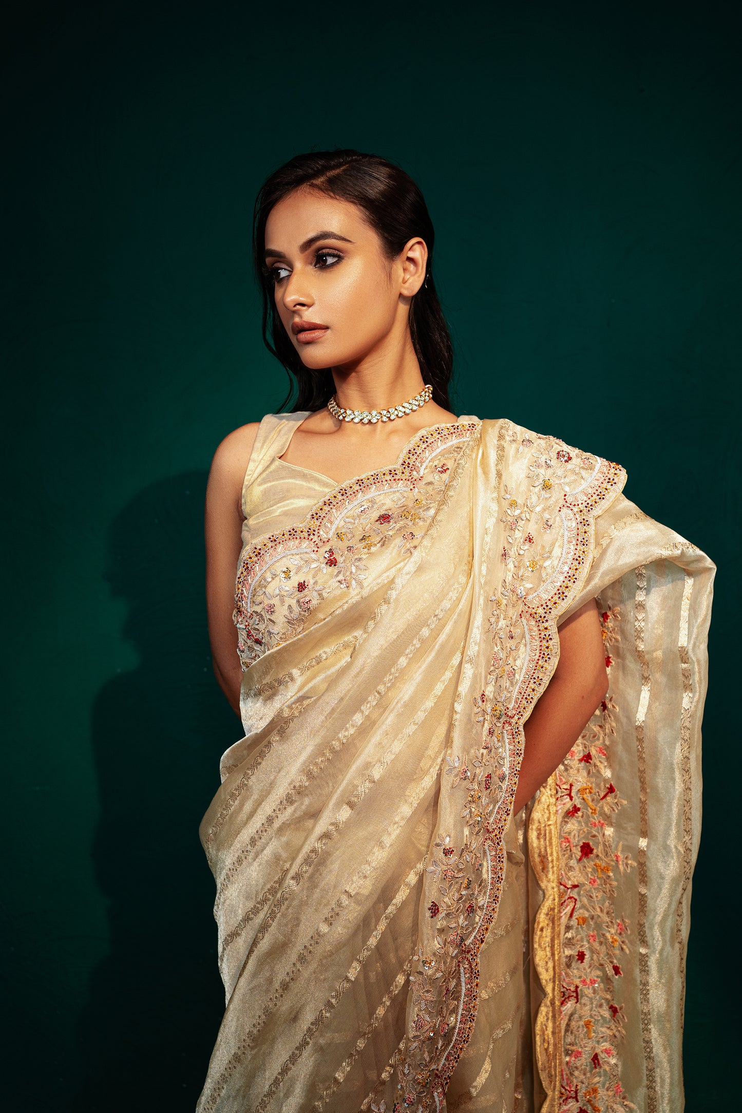Beige Hand Embroidered Tissue Saree