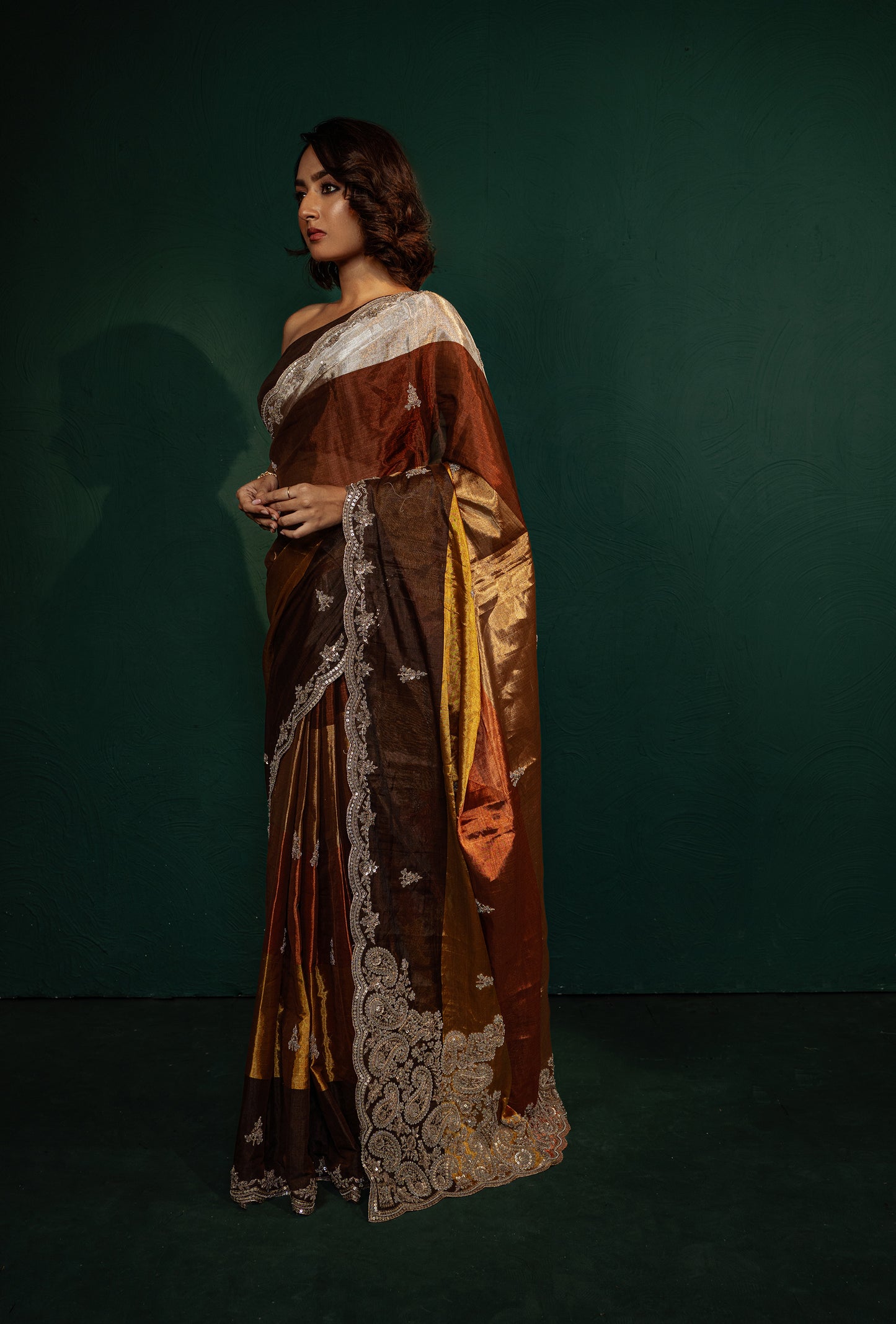 Brown & Gold Striped Saree