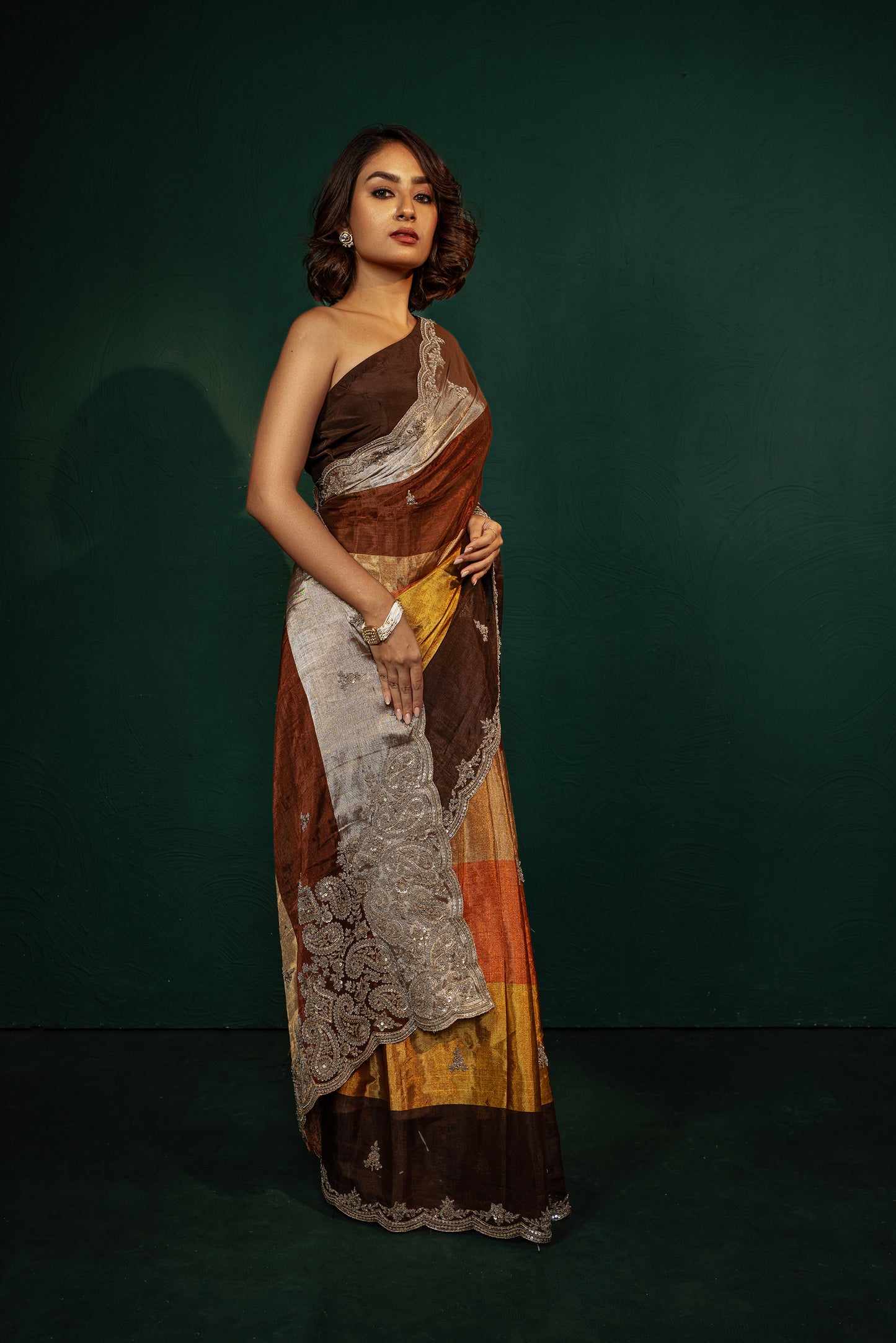 Brown & Gold Striped Saree
