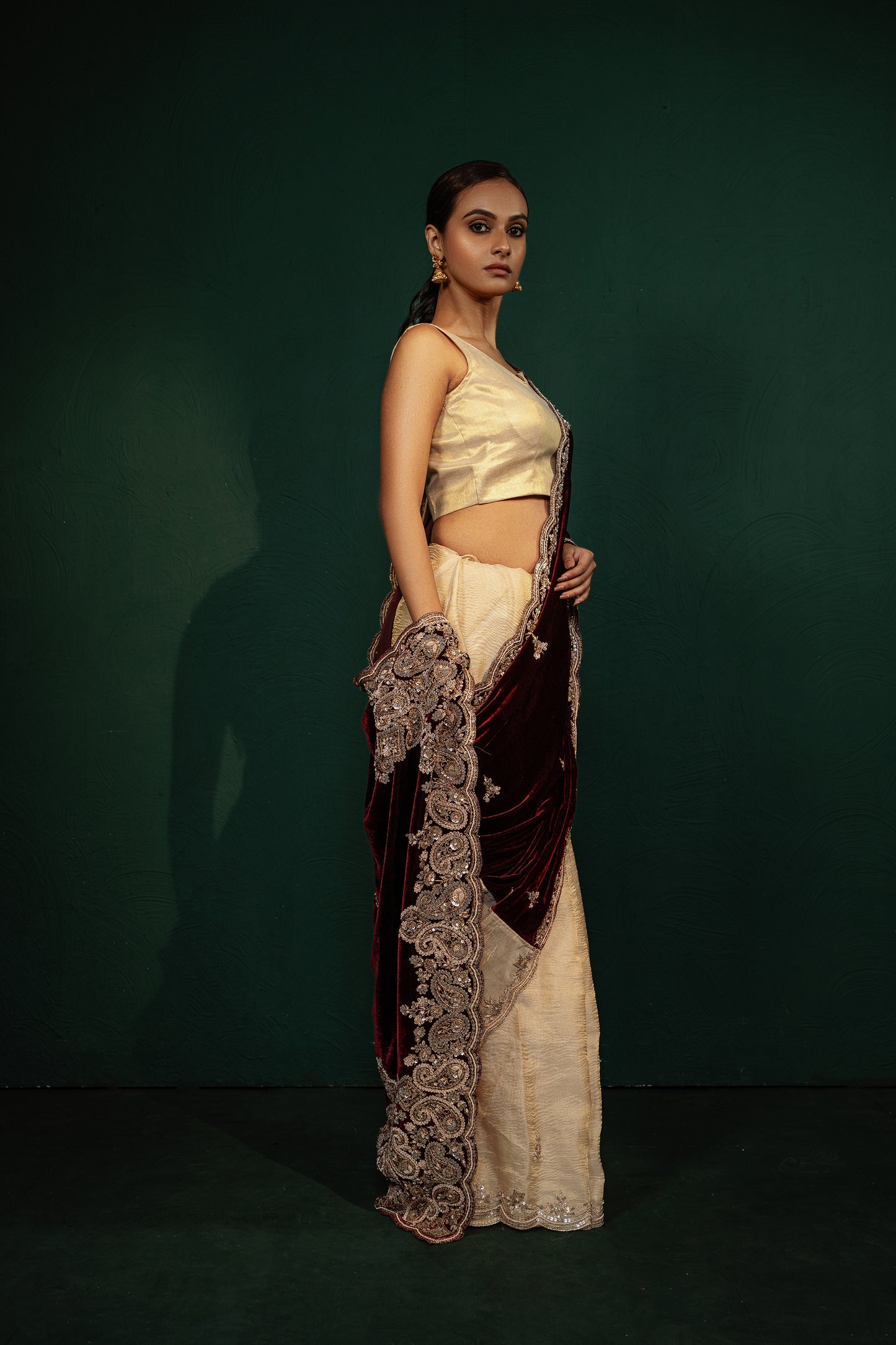 Velvety Maroon & Textured Beige Saree