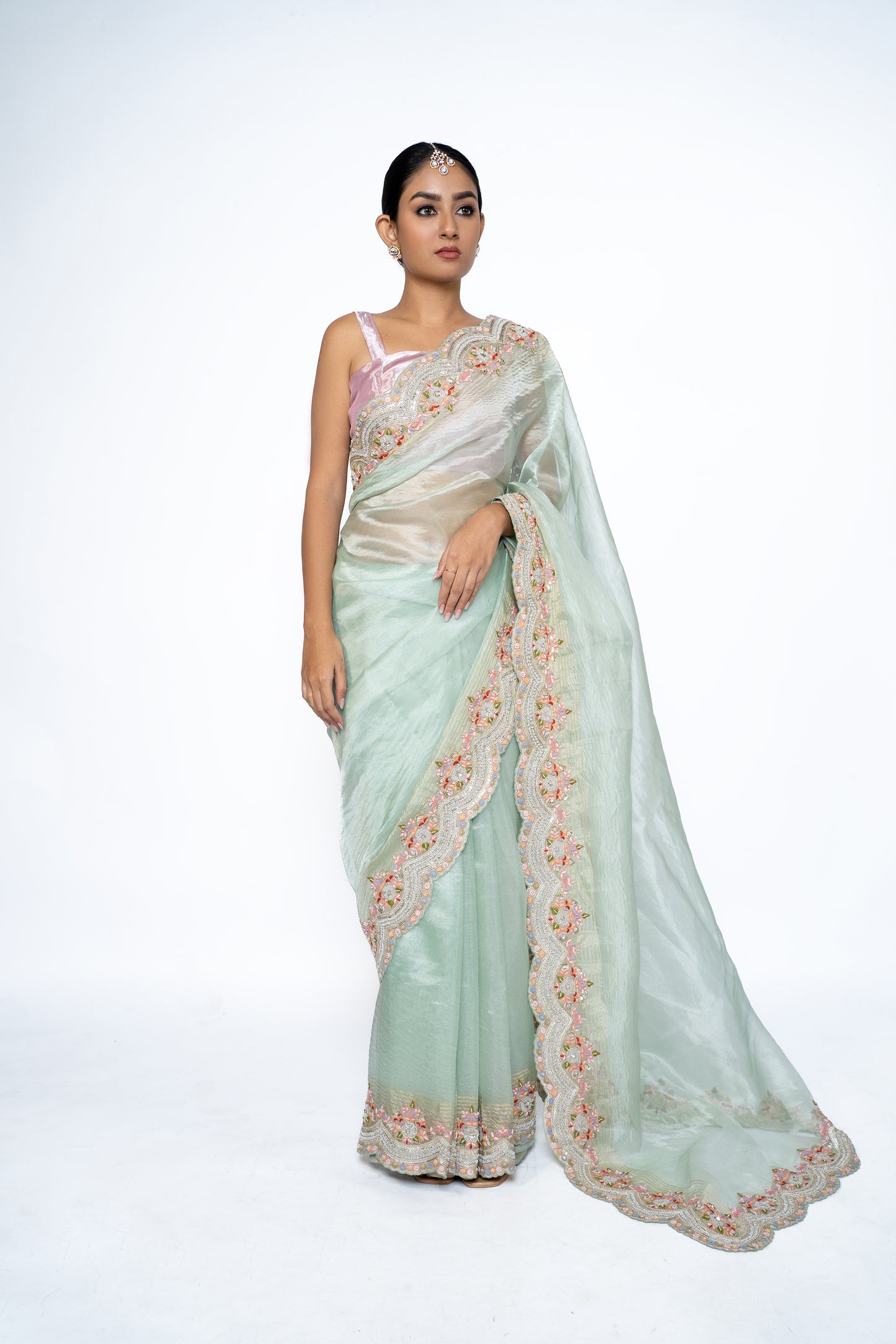 Sea Green Hand Embroidered Tissue Saree