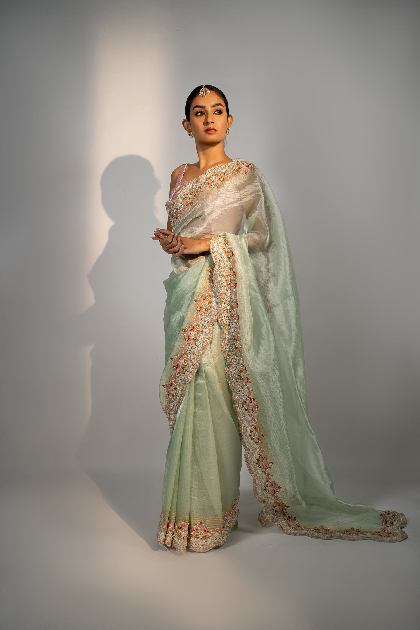 Sea Green Hand Embroidered Tissue Saree