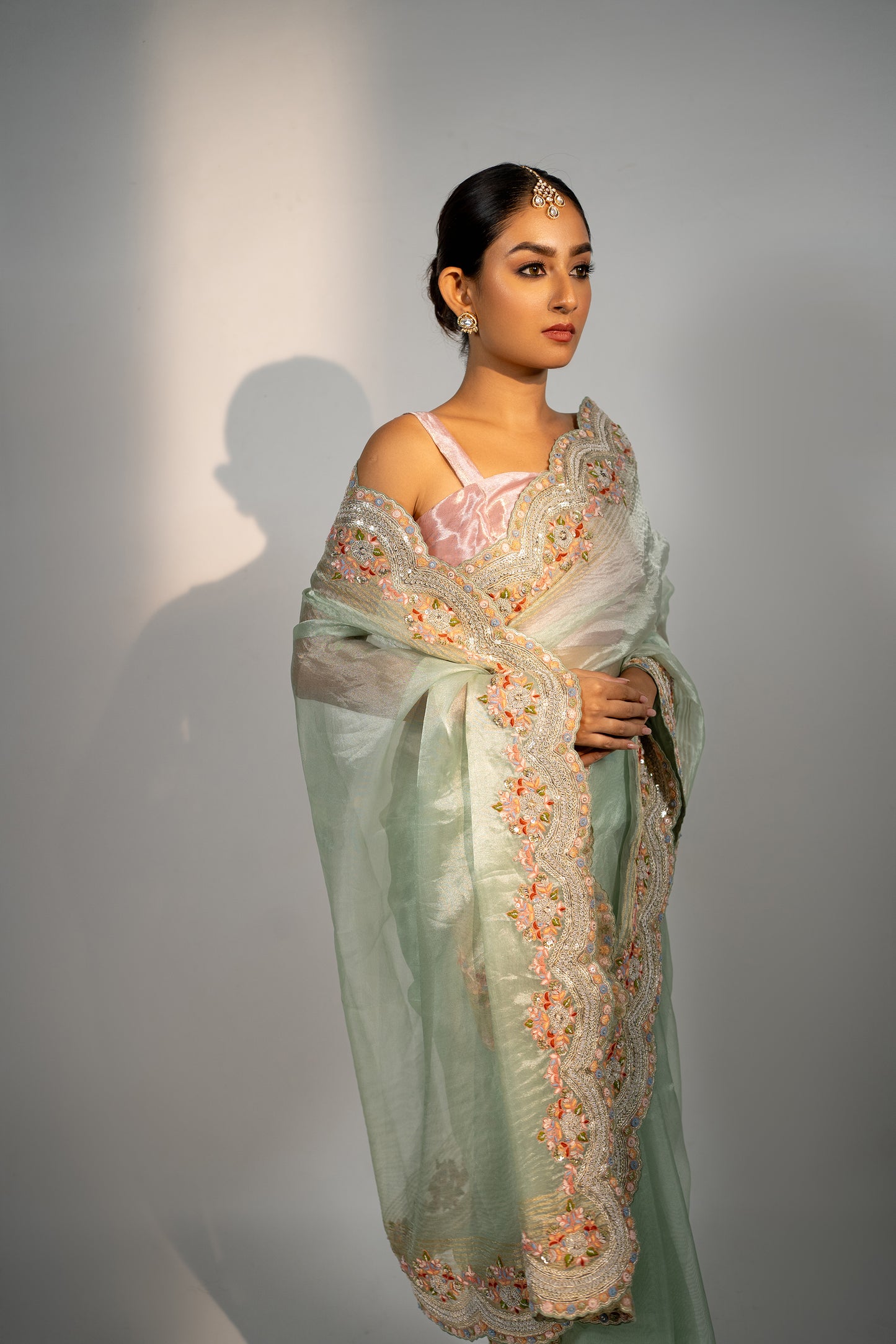 Sea Green Hand Embroidered Tissue Saree