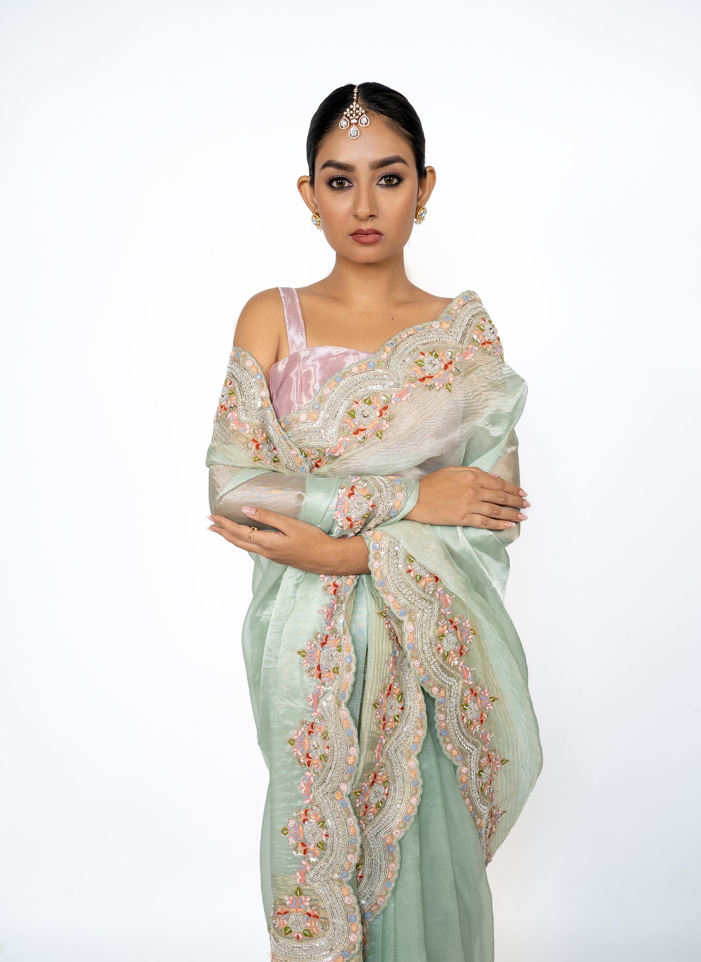 Sea Green Hand Embroidered Tissue Saree