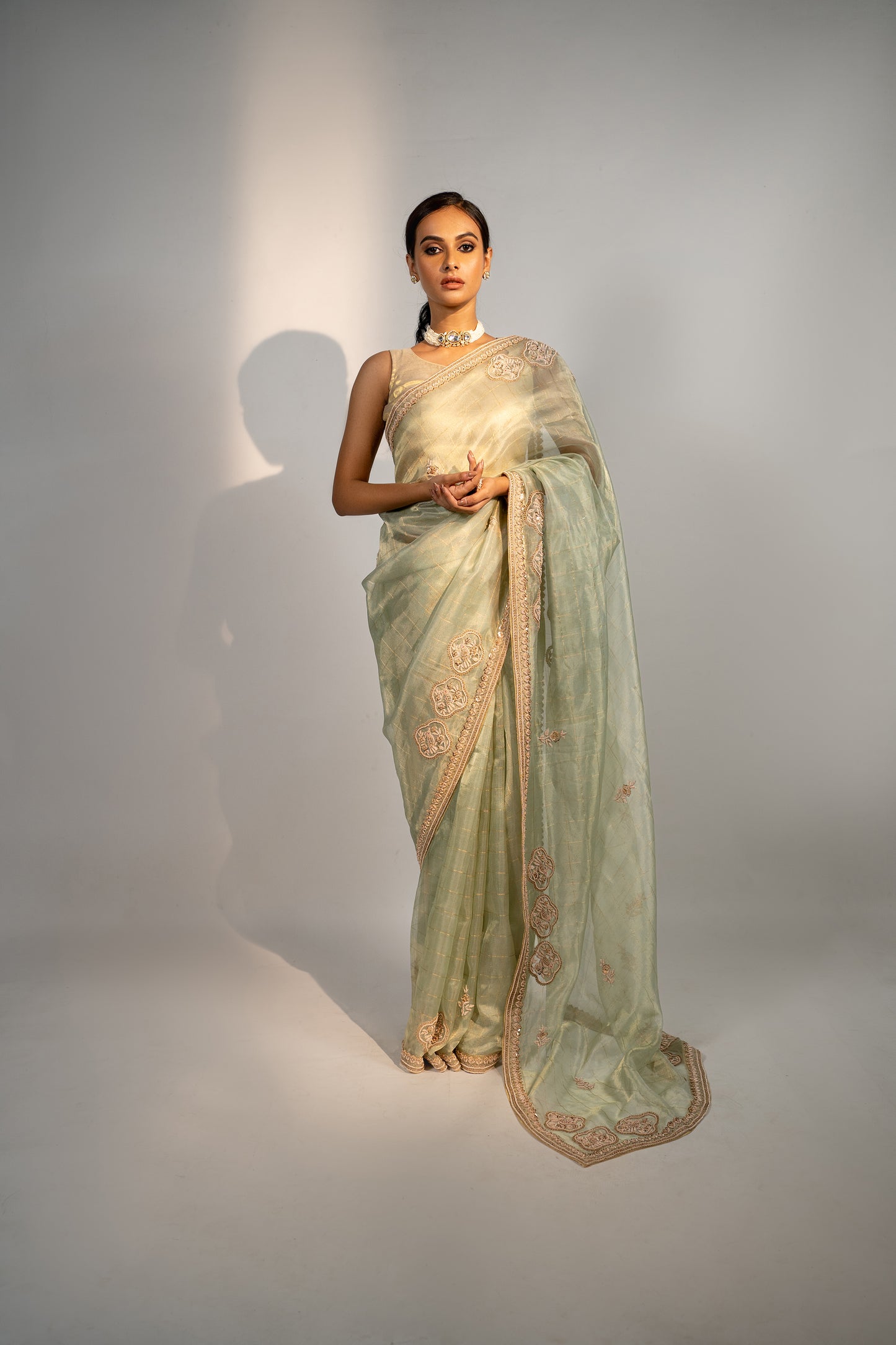 Golden Green Tissue Saree