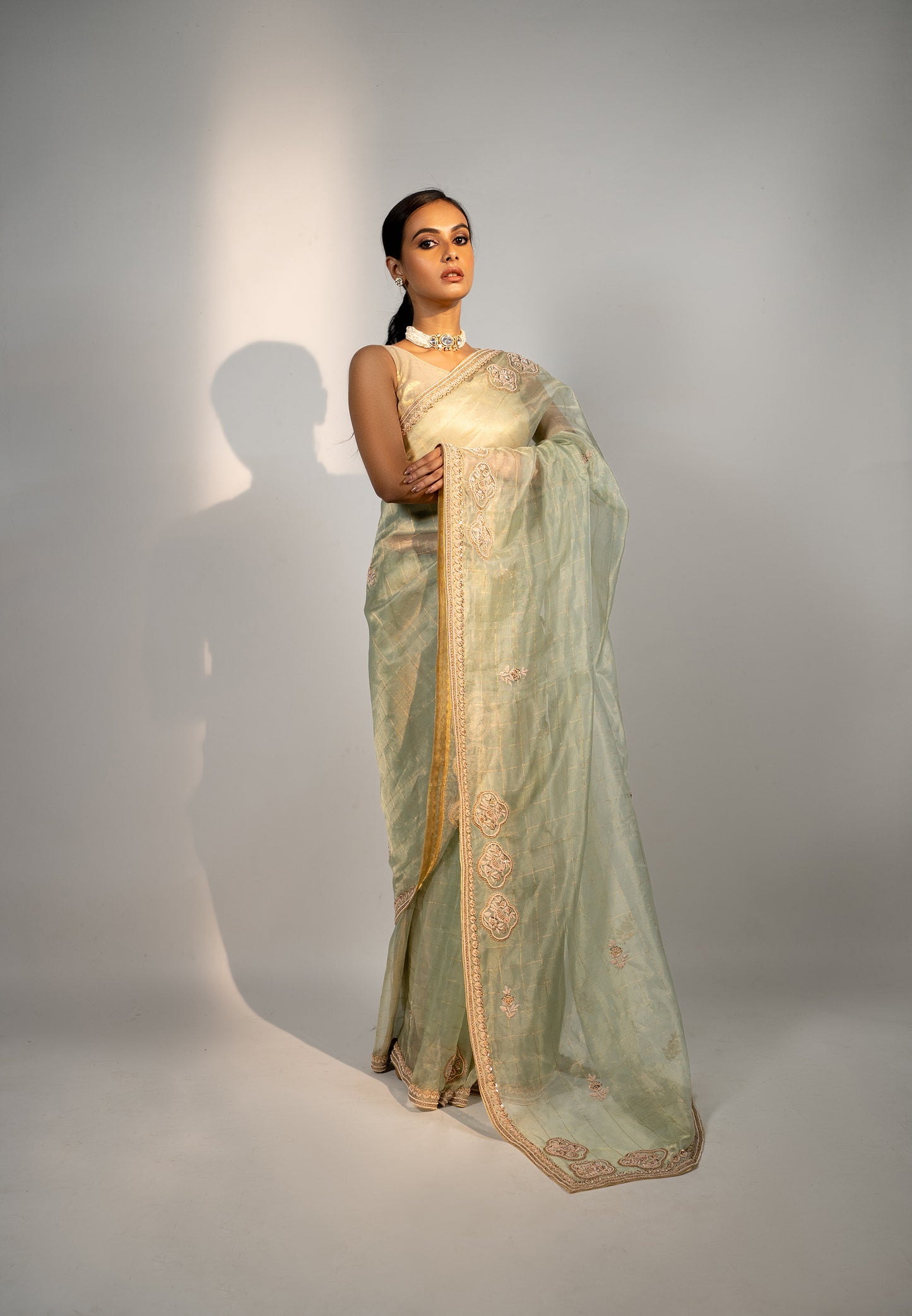 Golden Green Tissue Saree
