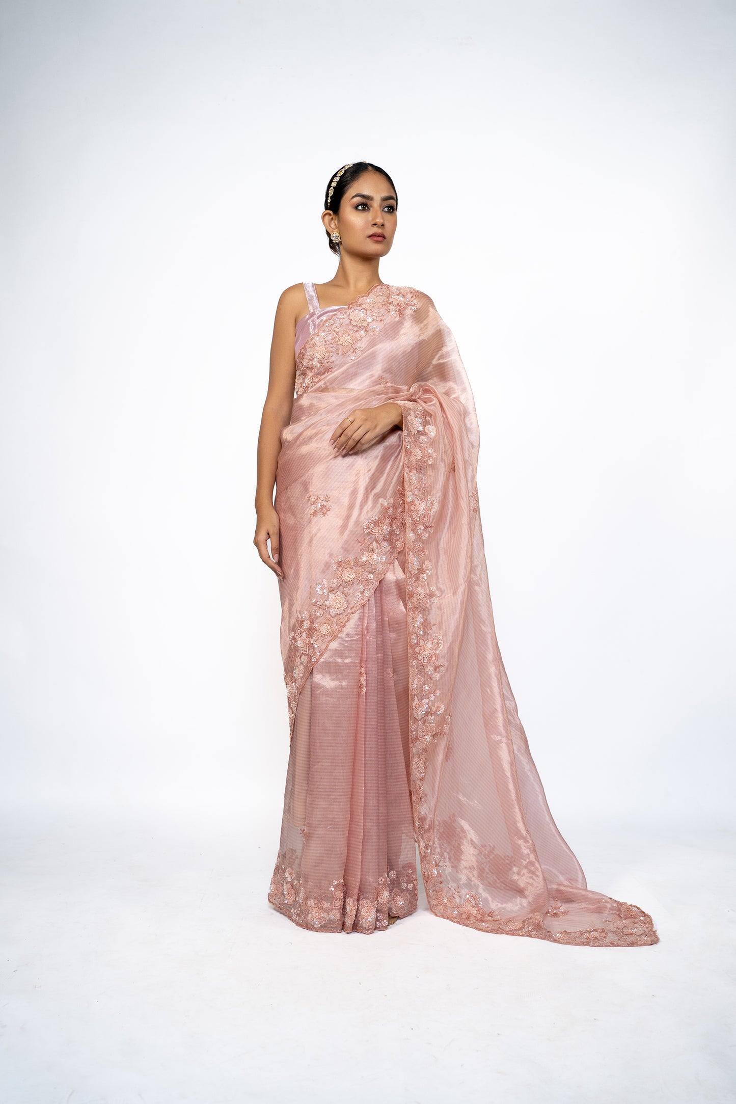 Pink Hand Embroidered Tissue Saree