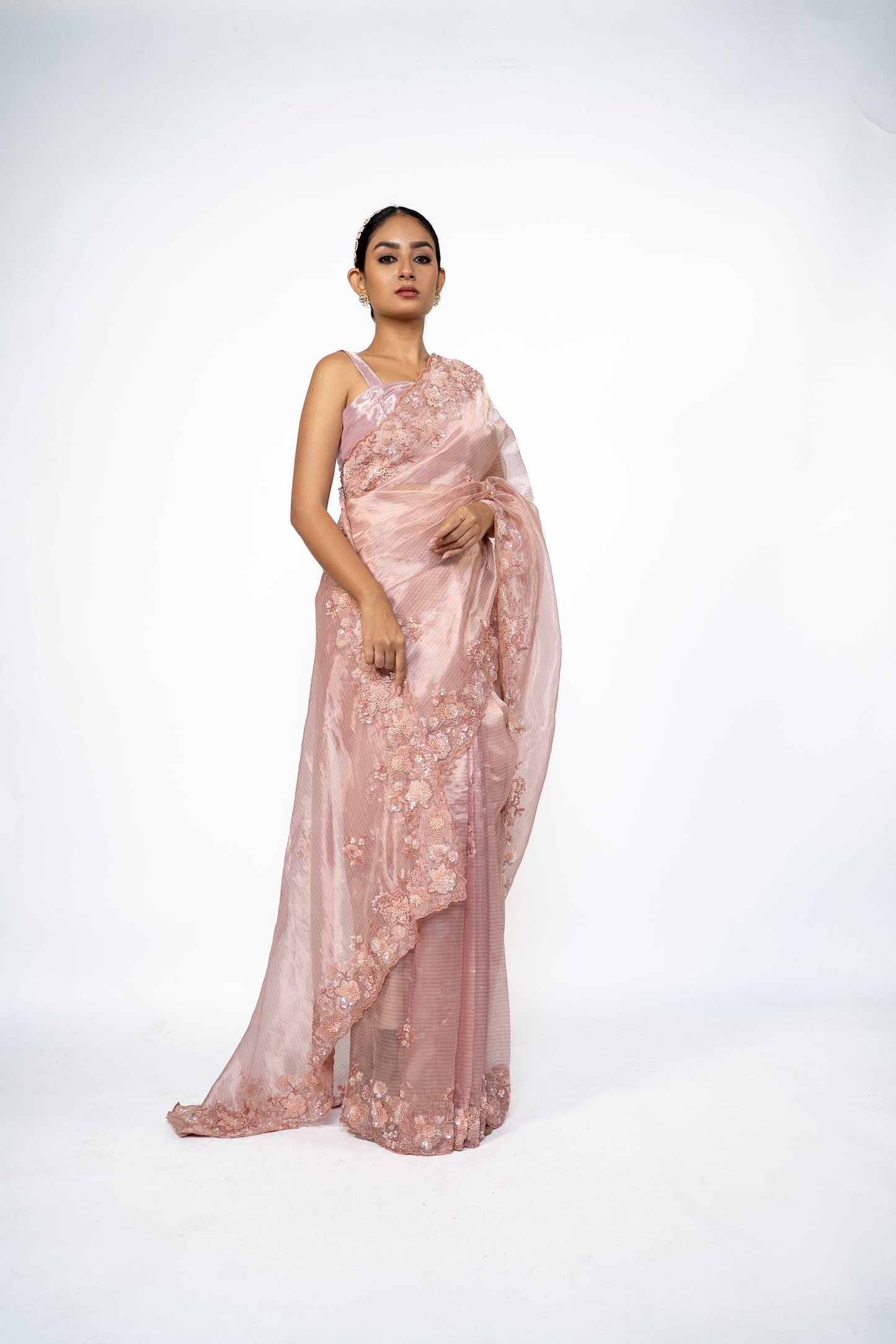Pink Hand Embroidered Tissue Saree