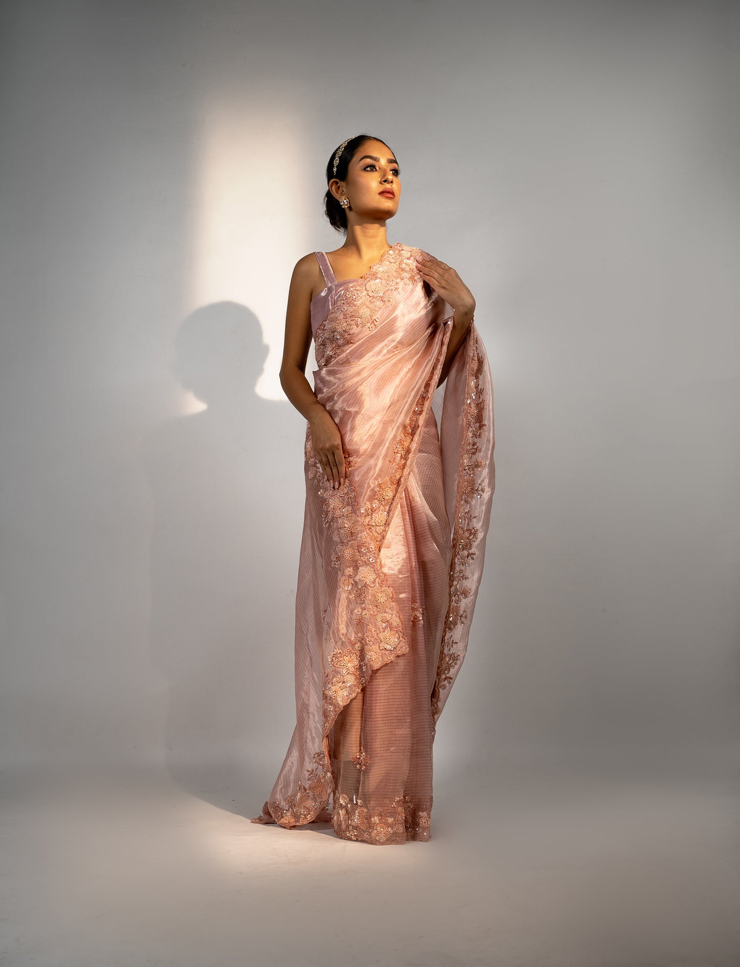 Pink Hand Embroidered Tissue Saree