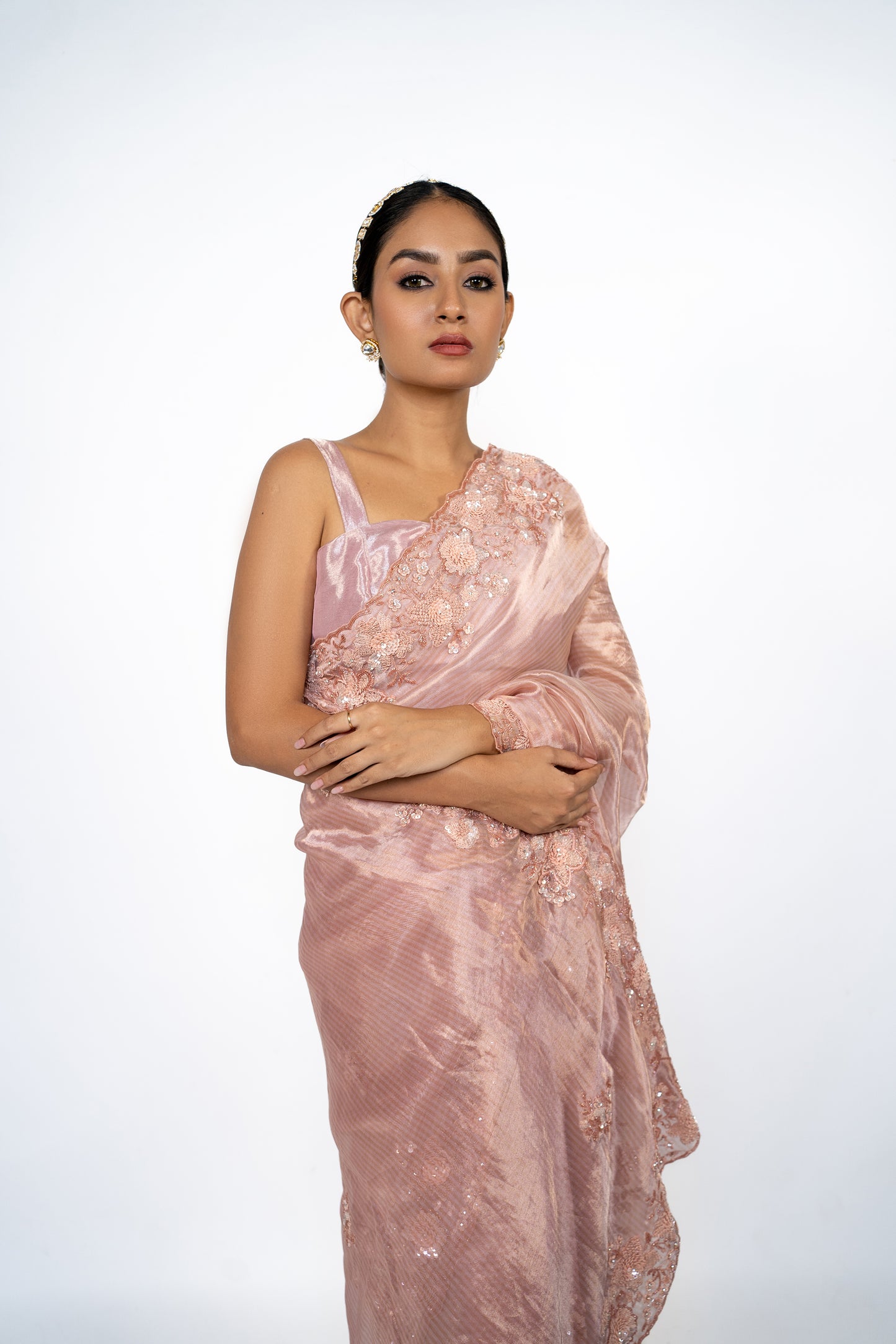 Pink Hand Embroidered Tissue Saree
