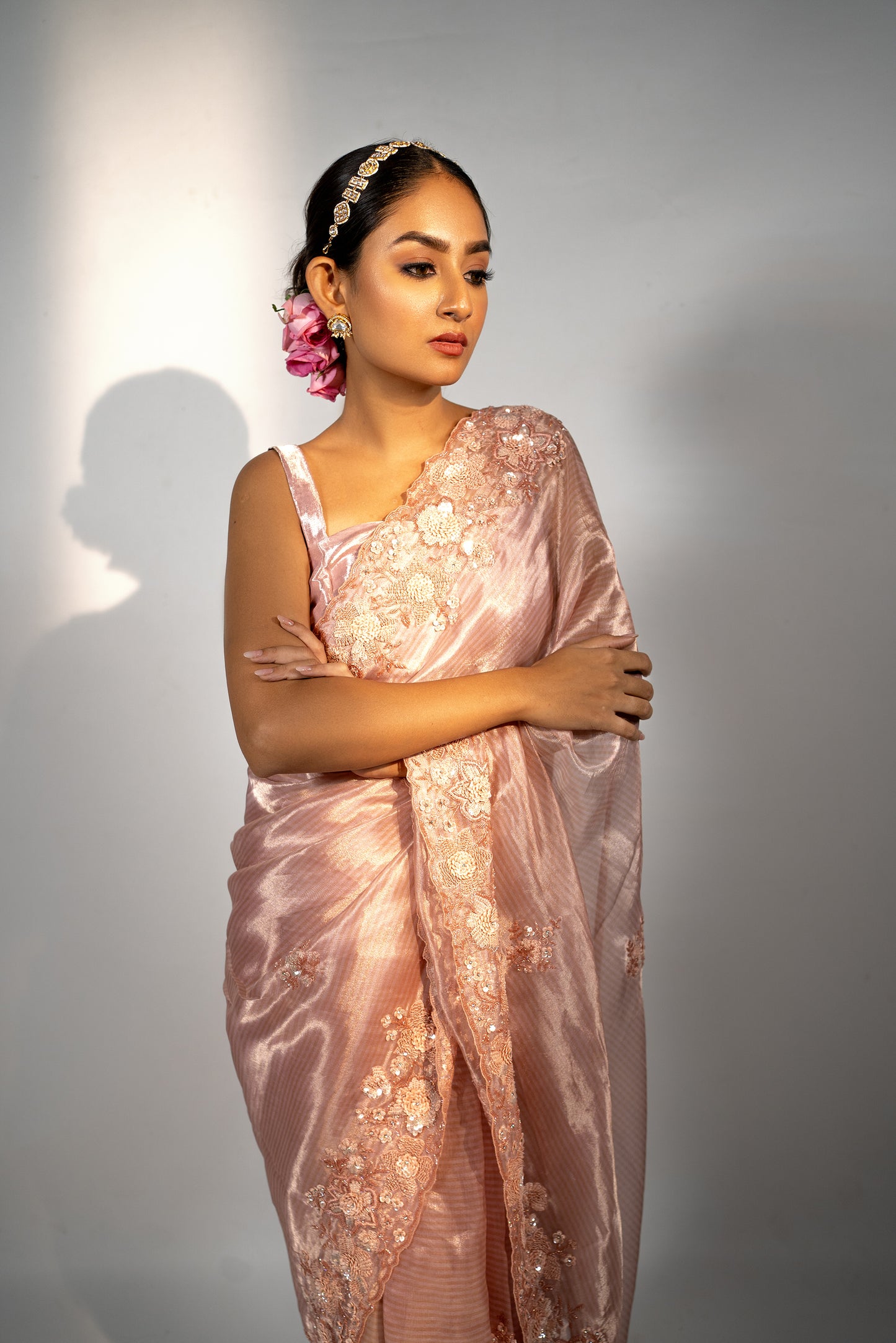 Pink Hand Embroidered Tissue Saree