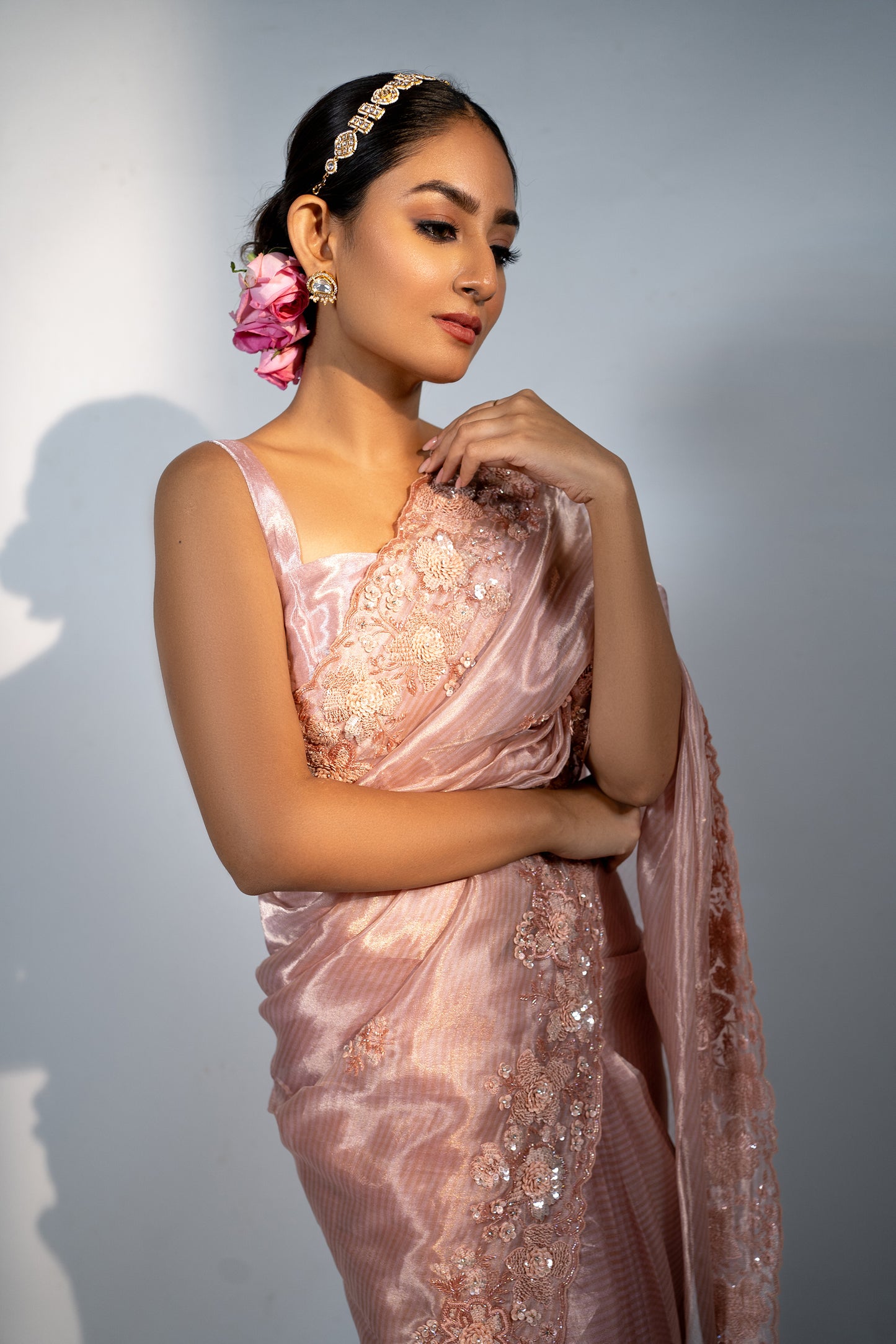 Pink Hand Embroidered Tissue Saree