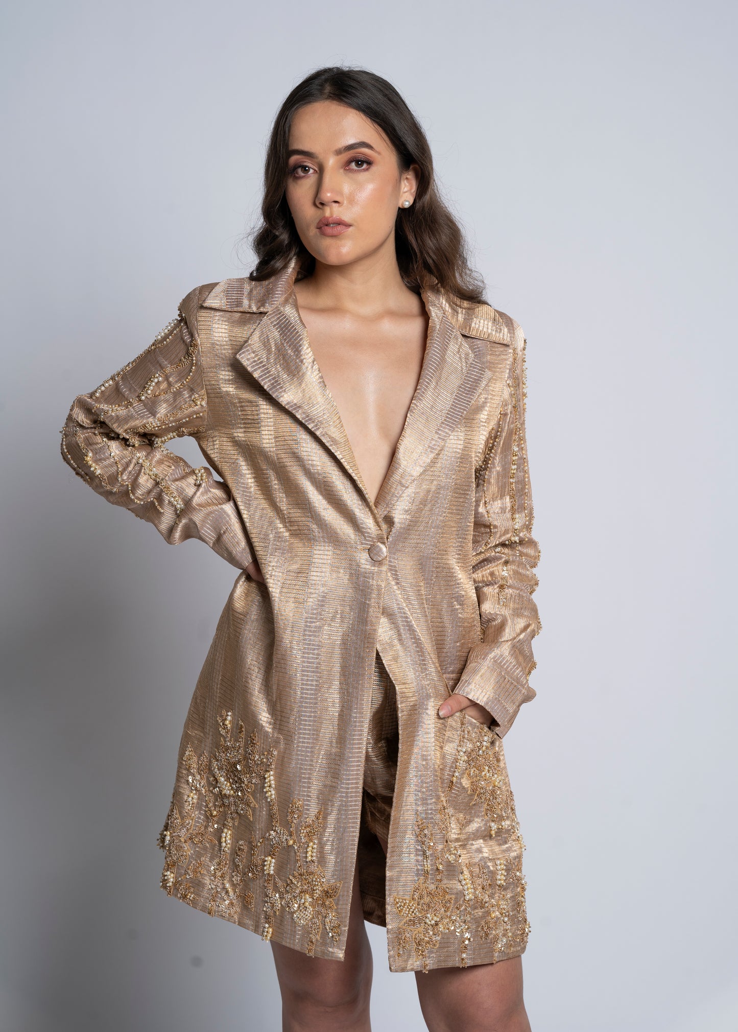 Short lengthed brocade coat, shorts & bustier (GS2053)