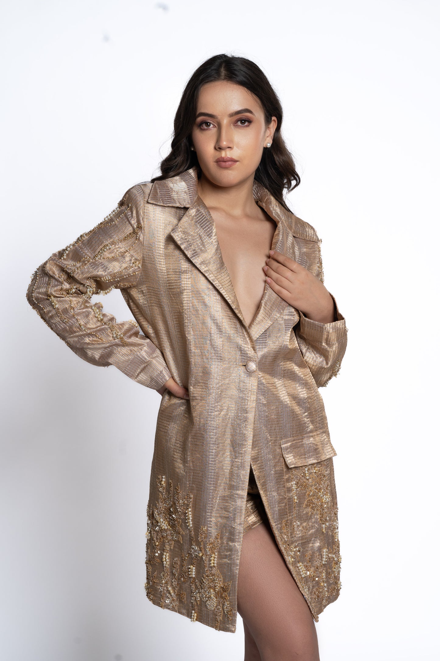 Short lengthed brocade coat, shorts & bustier (GS2053)