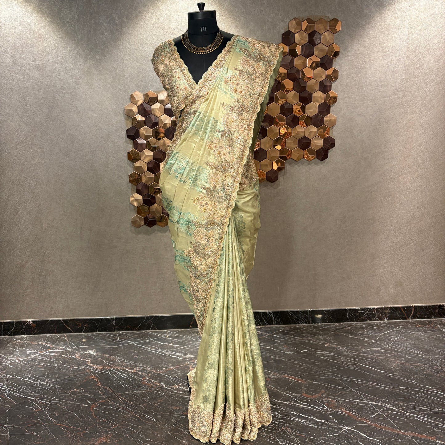 SAGE GREEN HANDEMBROIDERED KANCHIPURAM SILK SAREE
