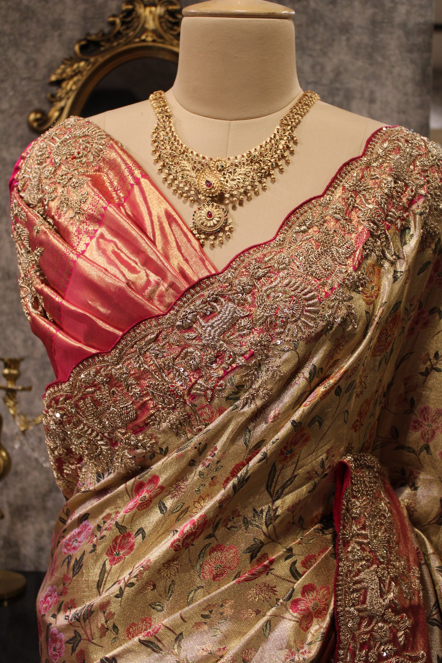BLOOMING GRACE: CHAMPAGNE EMBELLISHED KANJIVARAM SAREE