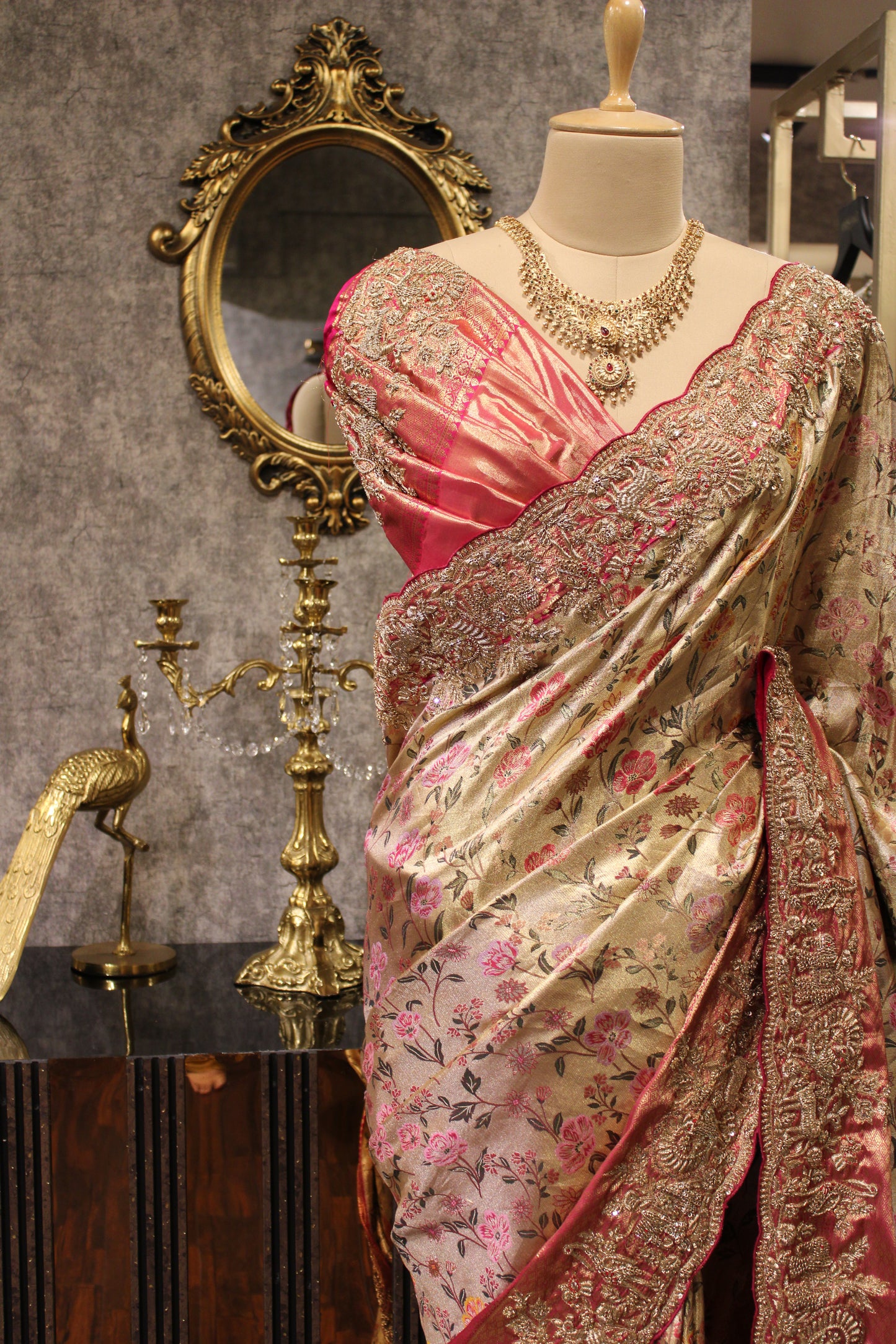 BLOOMING GRACE: CHAMPAGNE EMBELLISHED KANJIVARAM SAREE