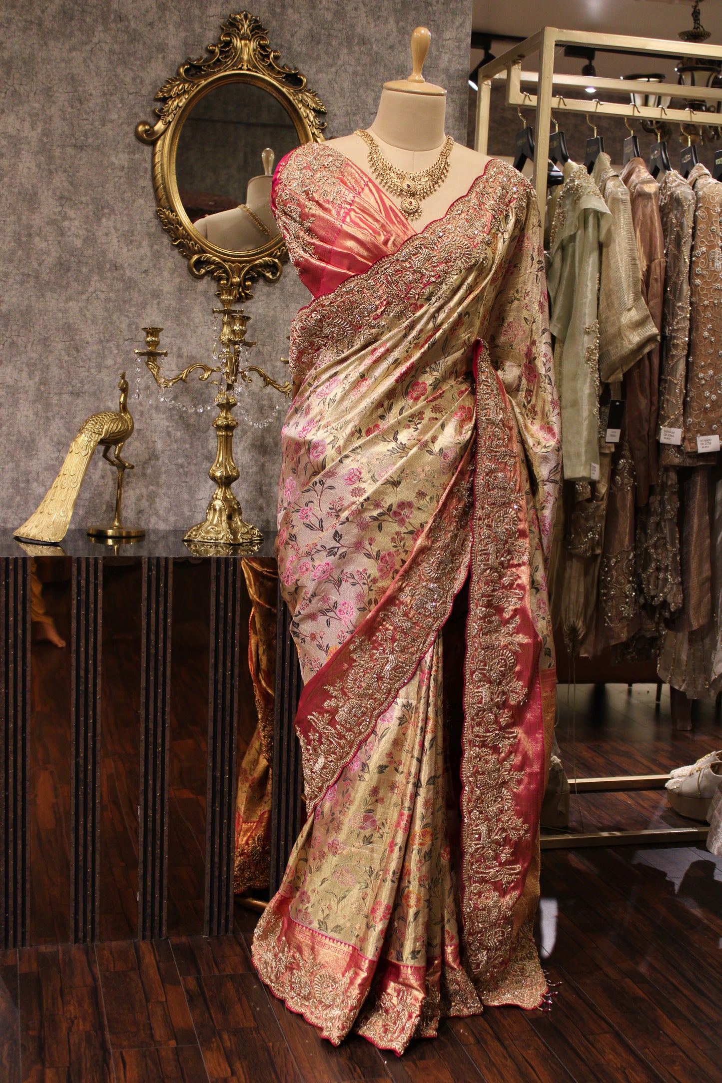BLOOMING GRACE: CHAMPAGNE EMBELLISHED KANJIVARAM SAREE