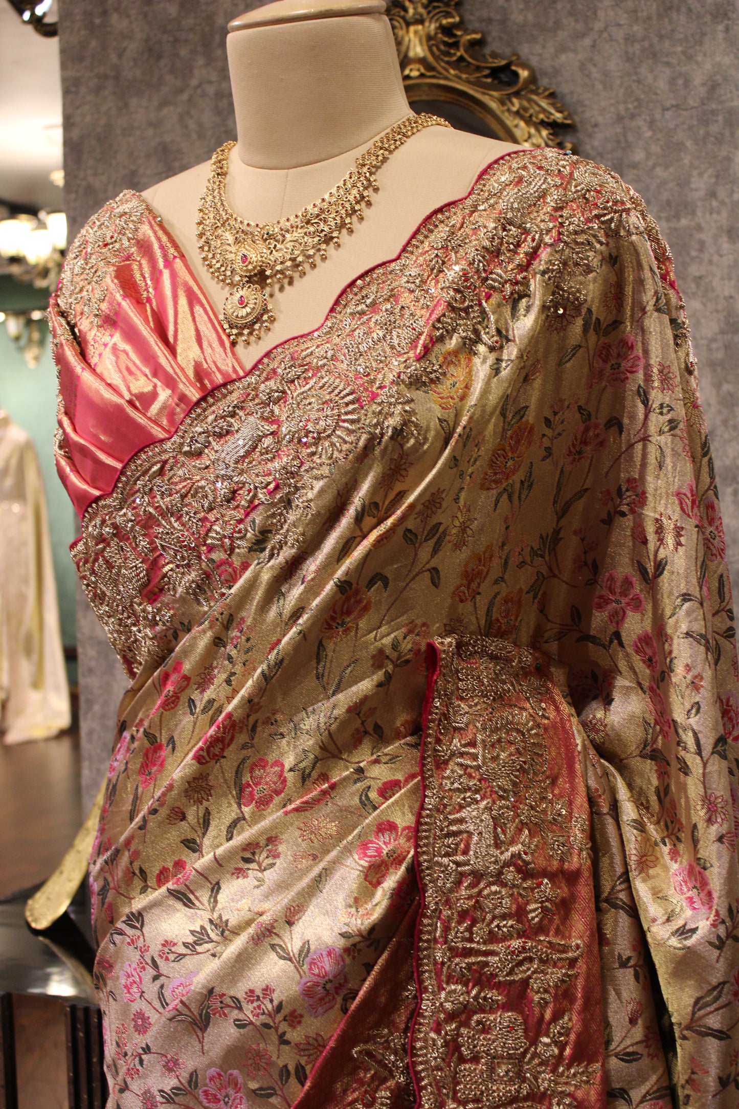 BLOOMING GRACE: CHAMPAGNE EMBELLISHED KANJIVARAM SAREE