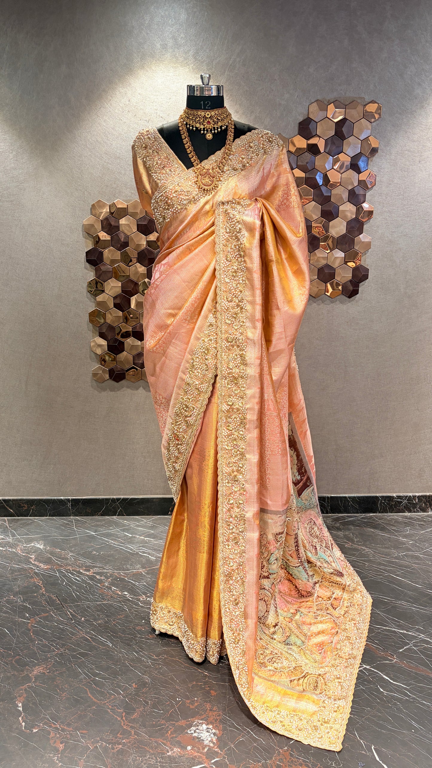 HERITAGE PEACH KANJIVARAM SILK SAREE WITH OPULENT EMBROIDERED BORDERS