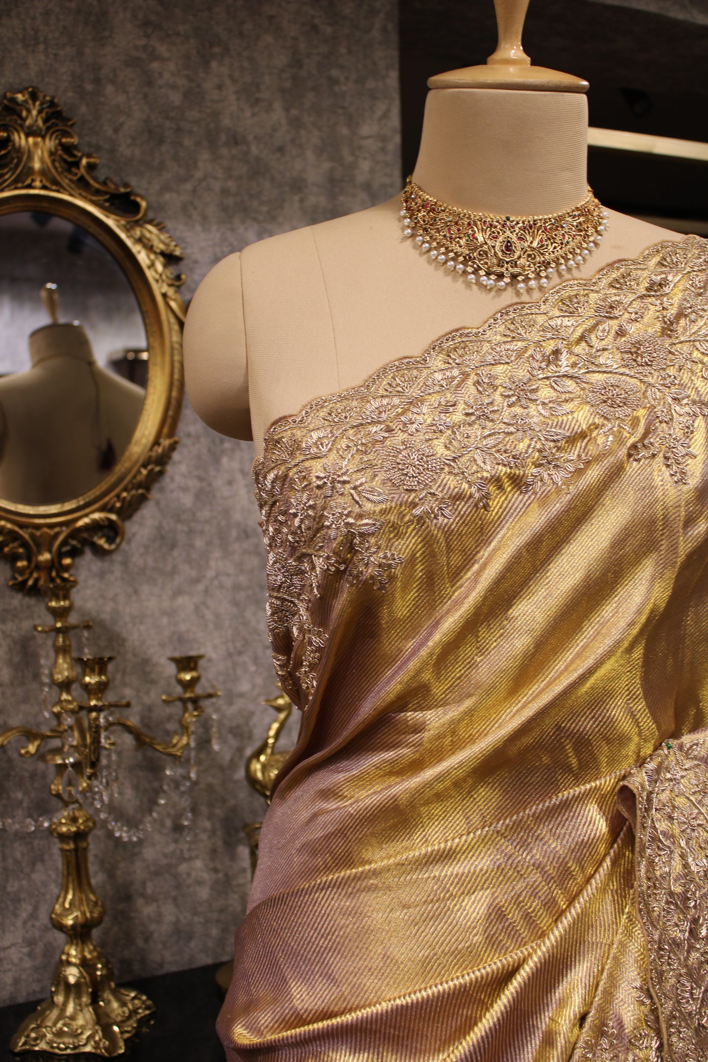 GOLD DUAL TONE HAND EMBROIDERED SILK SAREE