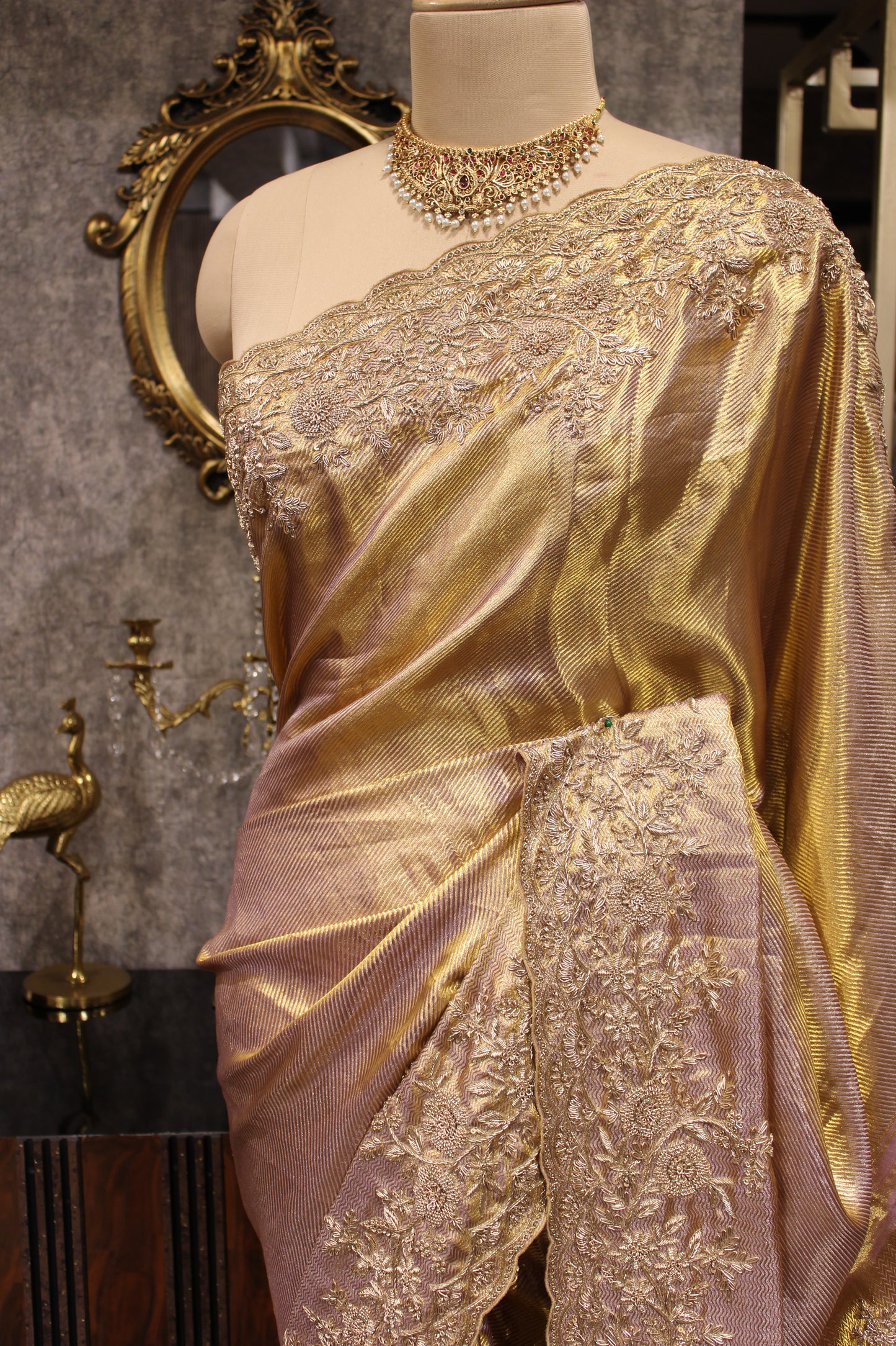 GOLD DUAL TONE HAND EMBROIDERED SILK SAREE