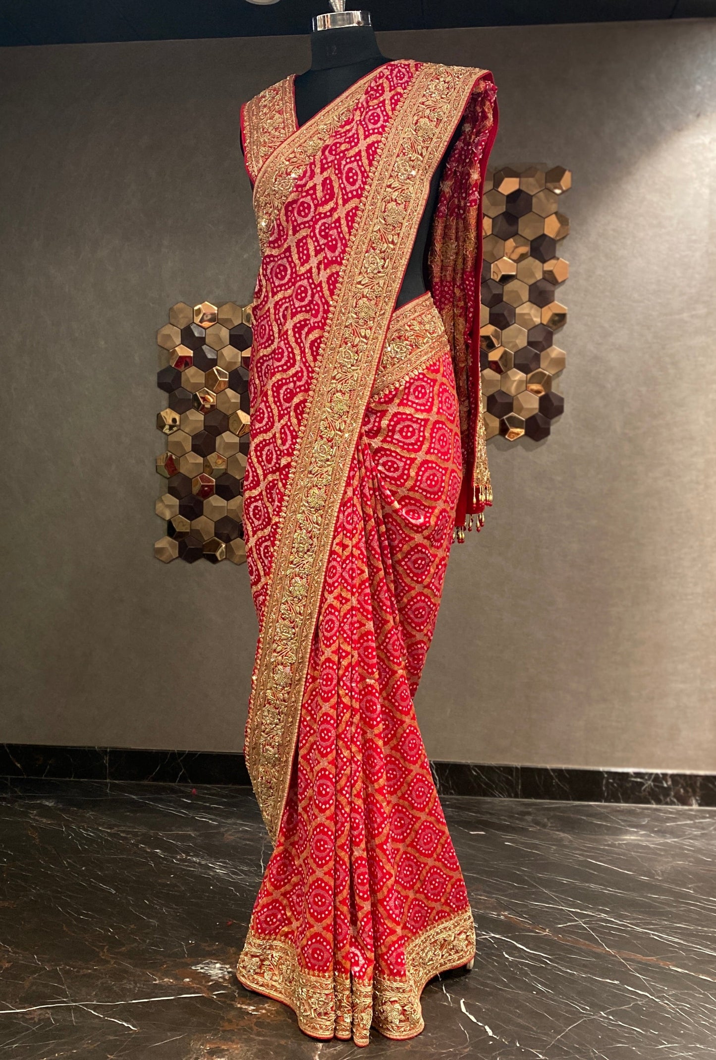 TIMELESS PURE RED BANDHANI EMBROIDERED SAREE