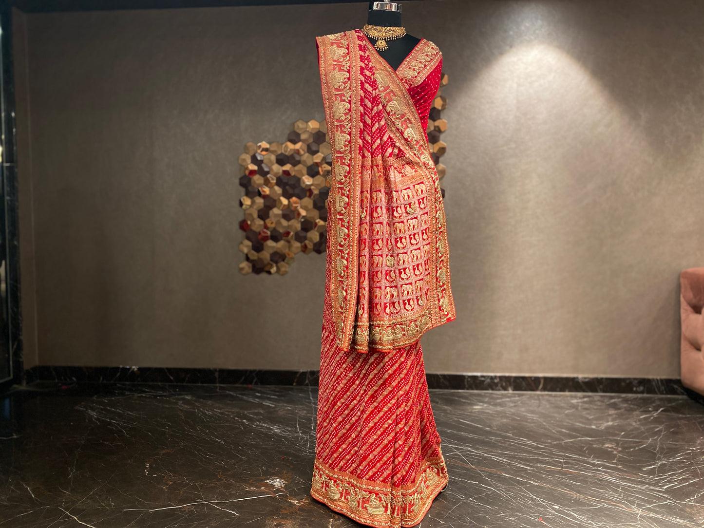 AN ELEGANT RED BANDHANI EMBROIDERED SAREE