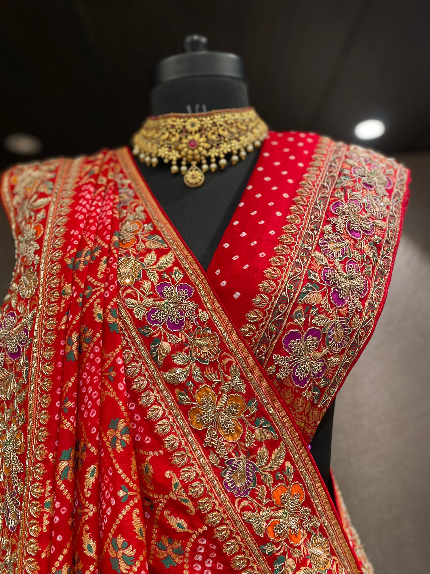 REGAL RED EMBROIDERED BANDHANI SAREE