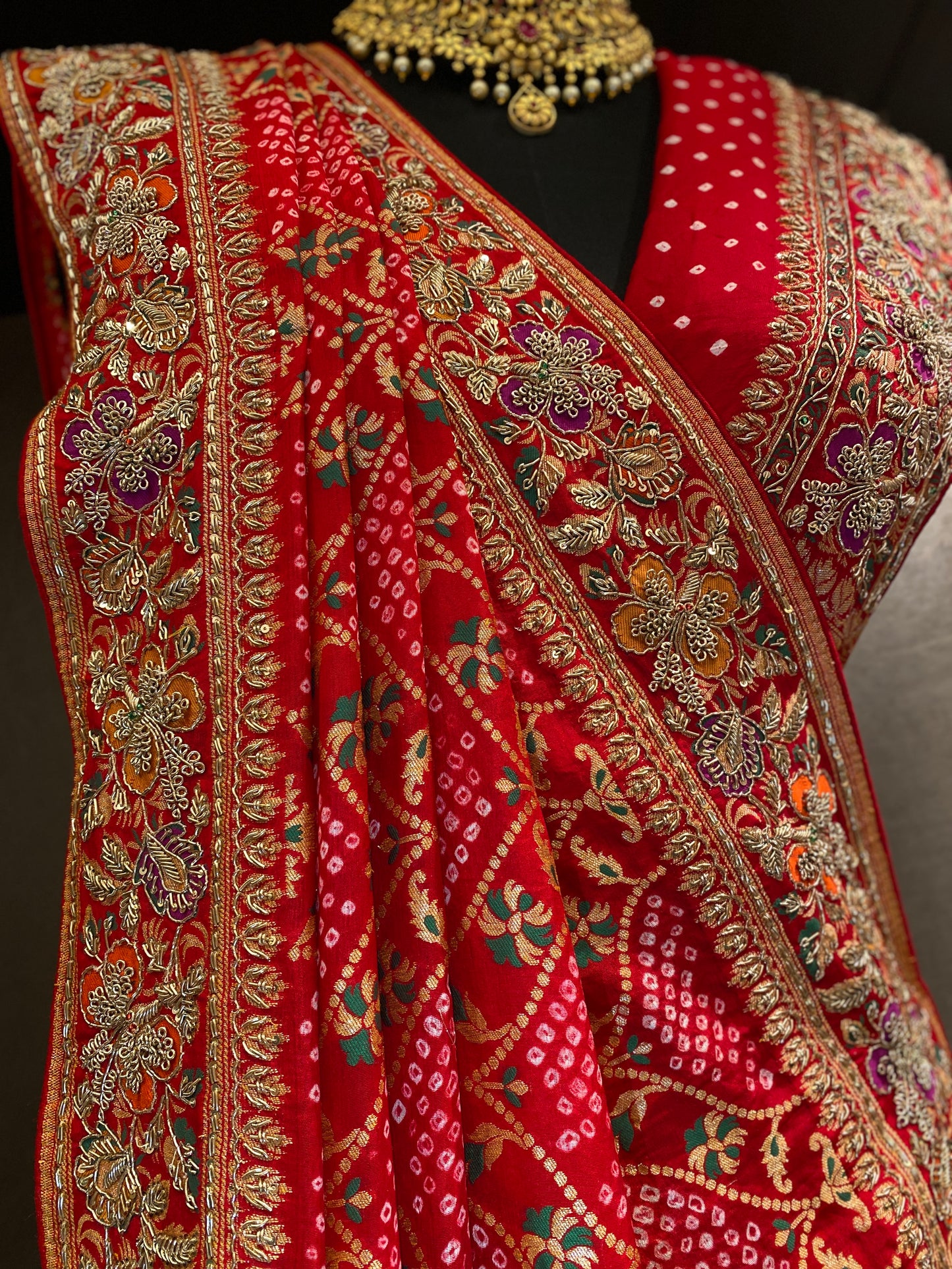 REGAL RED EMBROIDERED BANDHANI SAREE