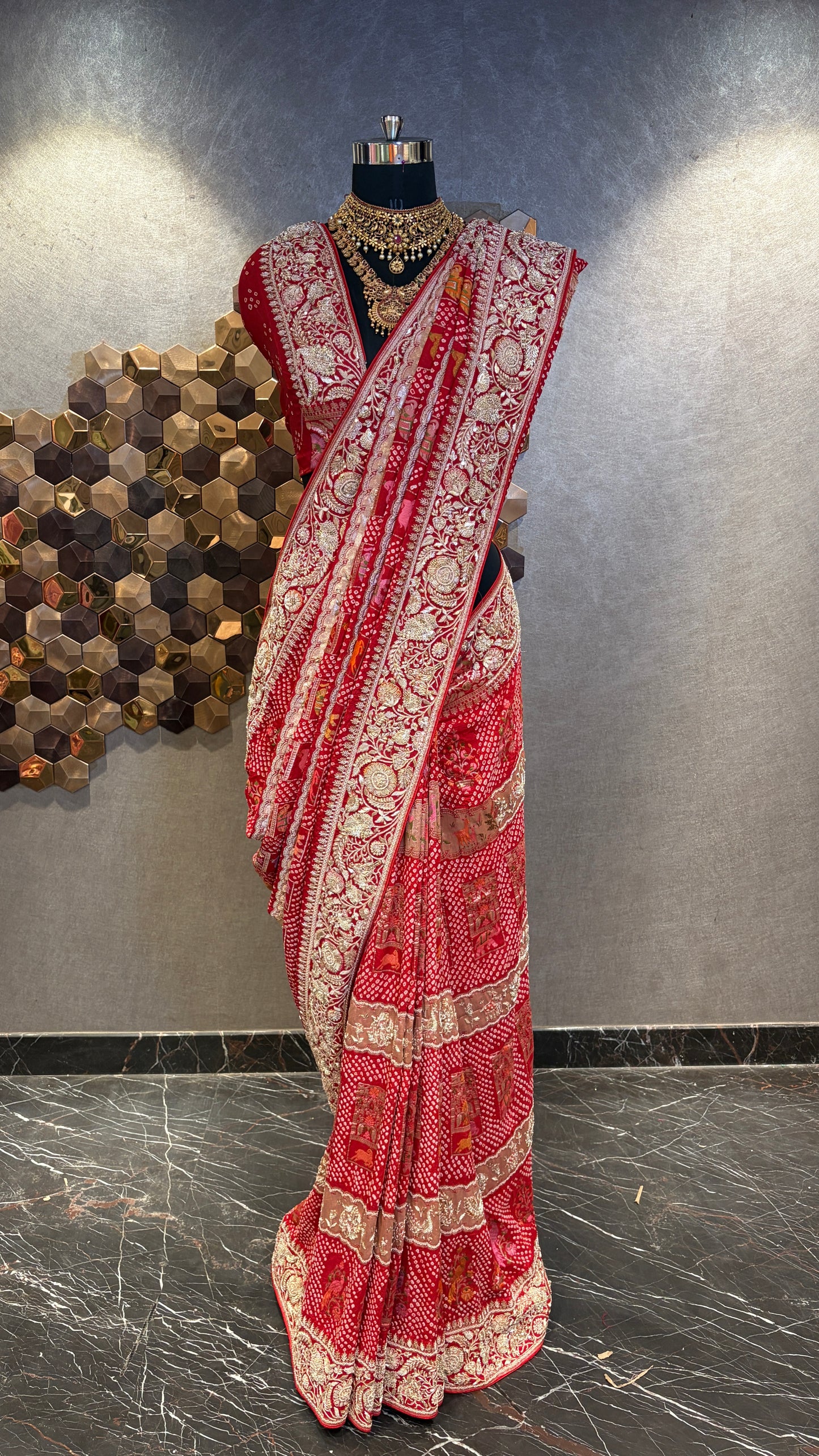 CLASSIC RED EMBROIDERED BANDHANI SAREE