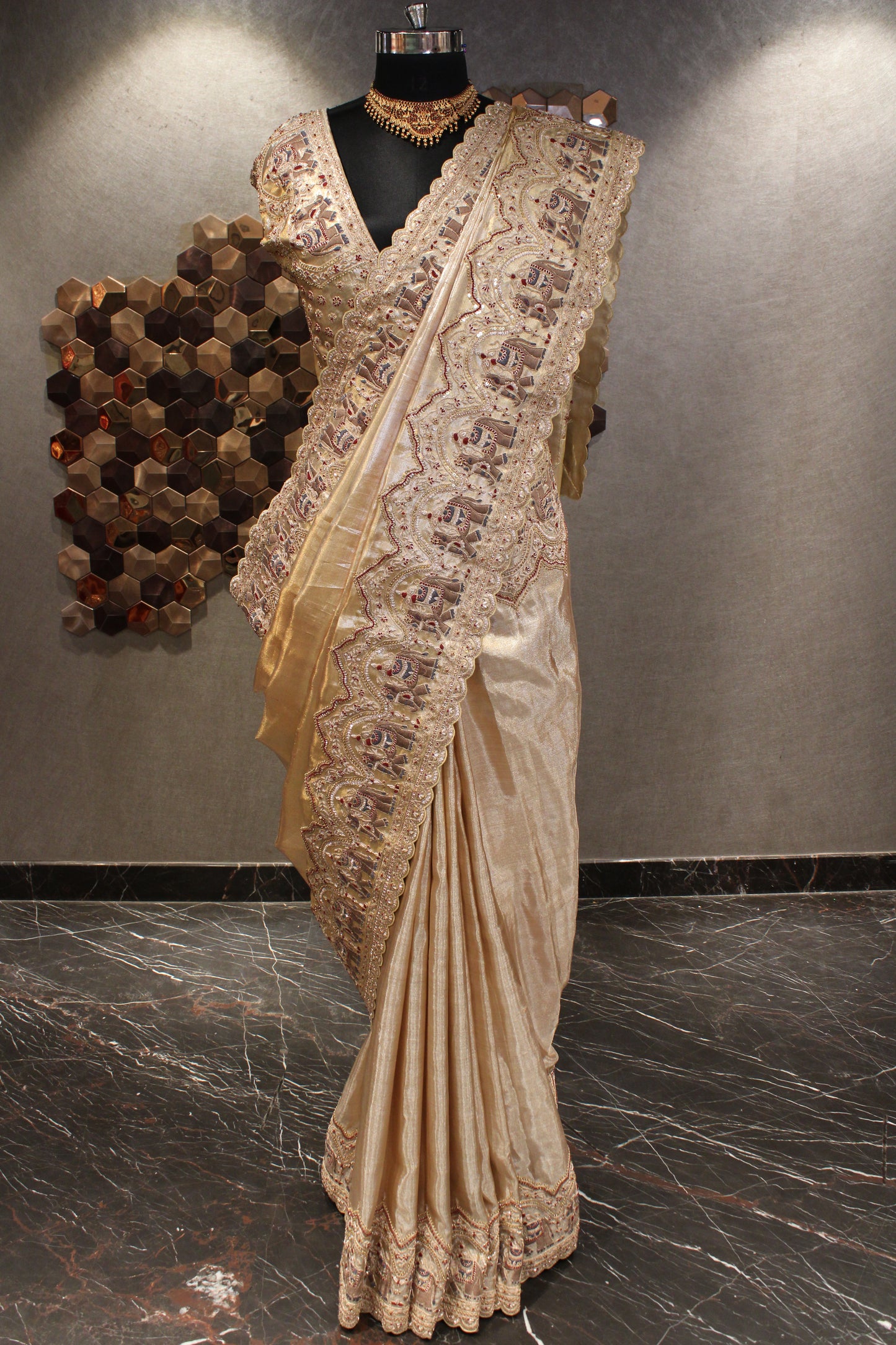LUXE SHIMMER SOUTH TISSUE SILK SAREE WITH RICH DETAILING