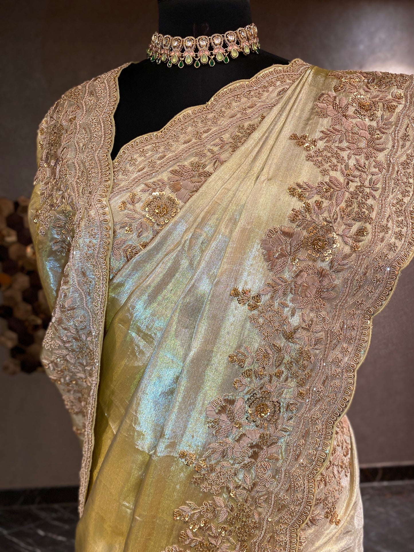 LIGHT GOLD KANJIVARAM TISSUE EMBROIDERED SAREE